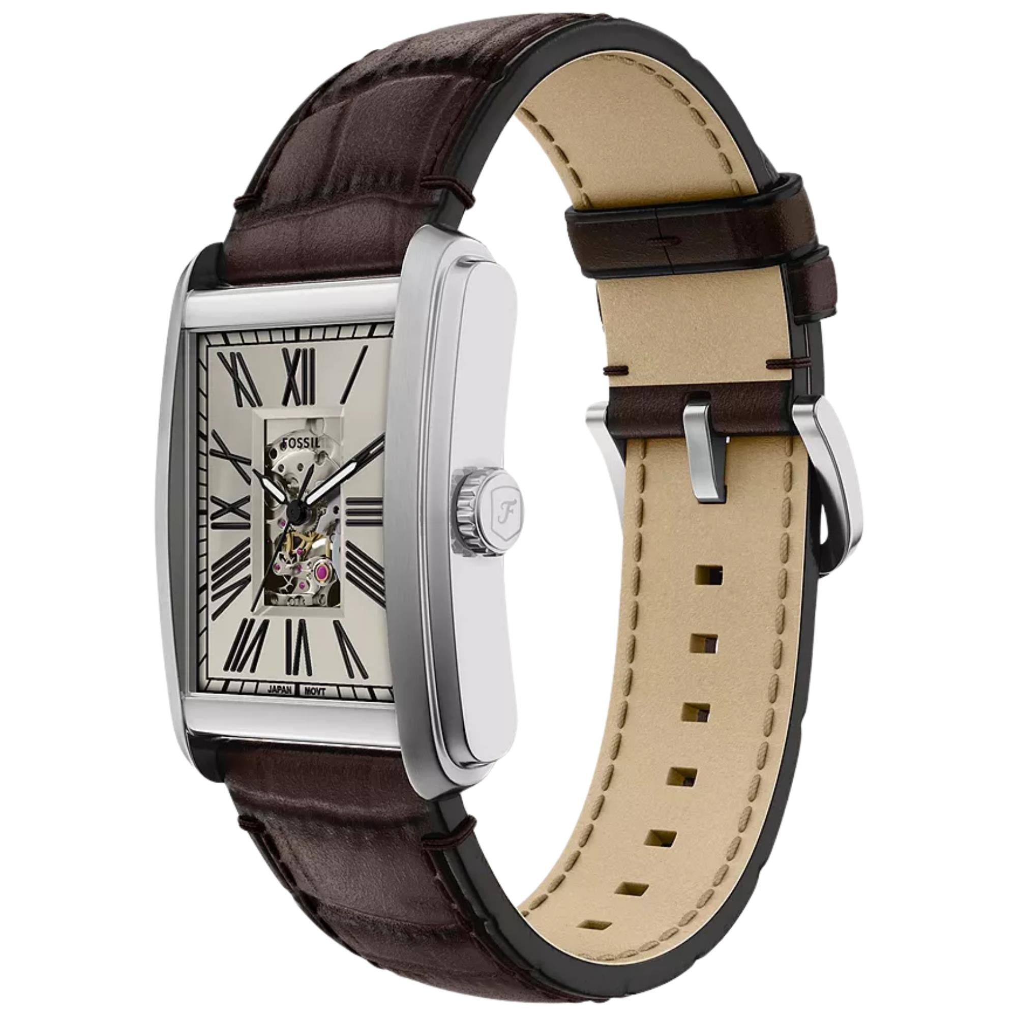 Fossil Carraway 30mm Open Heart Beige Dial Leather Mens Automatic Watch ME3272