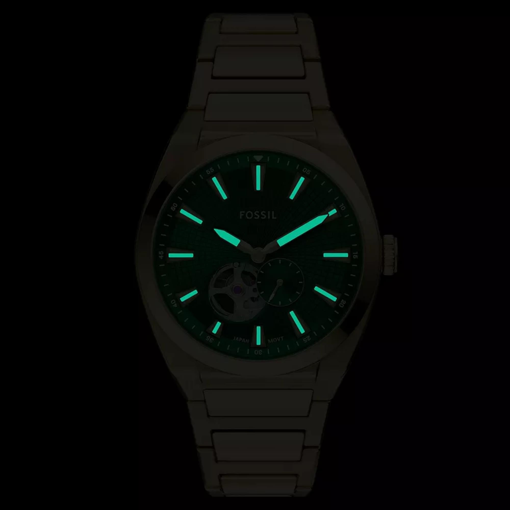 Fossil Everett 42mm Open Heart Green Dial Steel Mens Automatic Watch ME3276