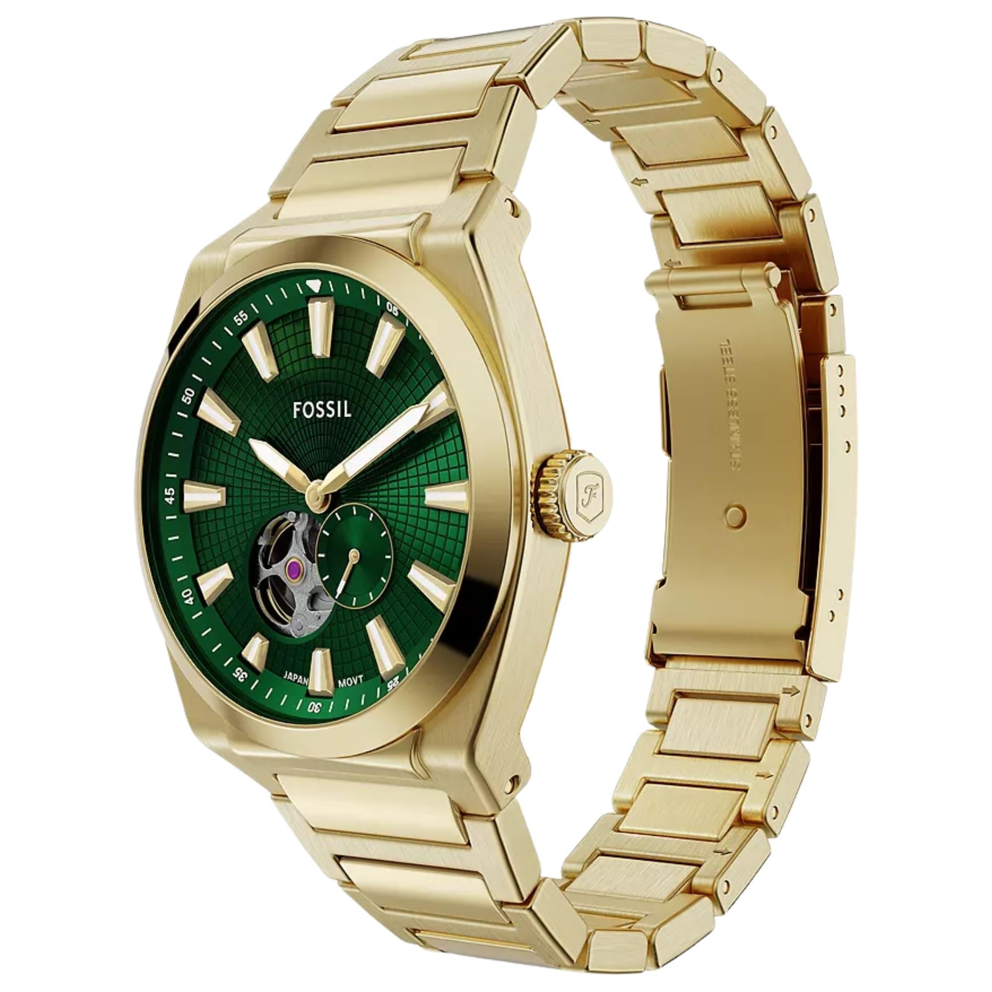 Fossil Everett 42mm Open Heart Green Dial Steel Mens Automatic Watch ME3276