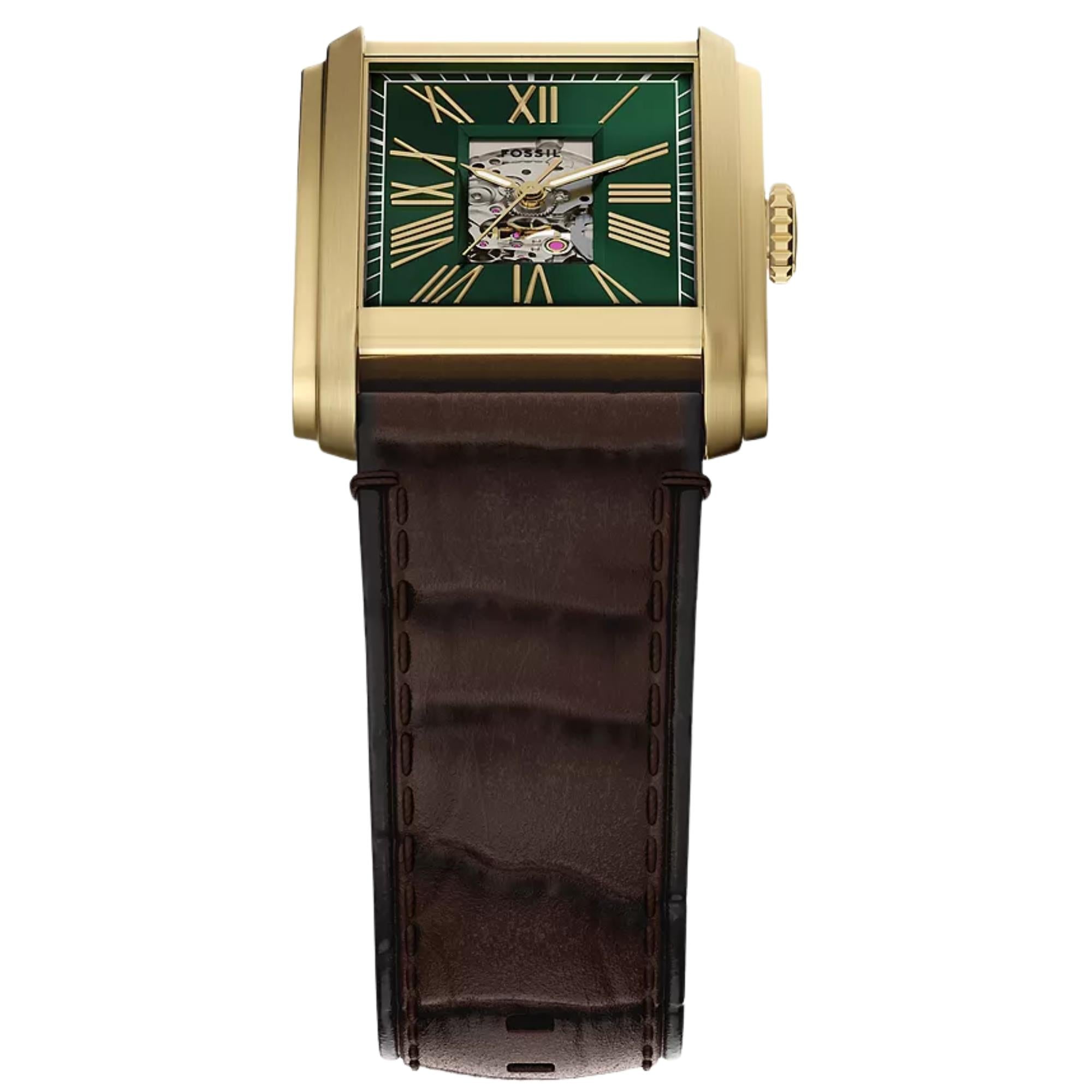 Fossil Carraway 30mm Open Heart Green Dial Leather Mens Automatic Watch ME3271