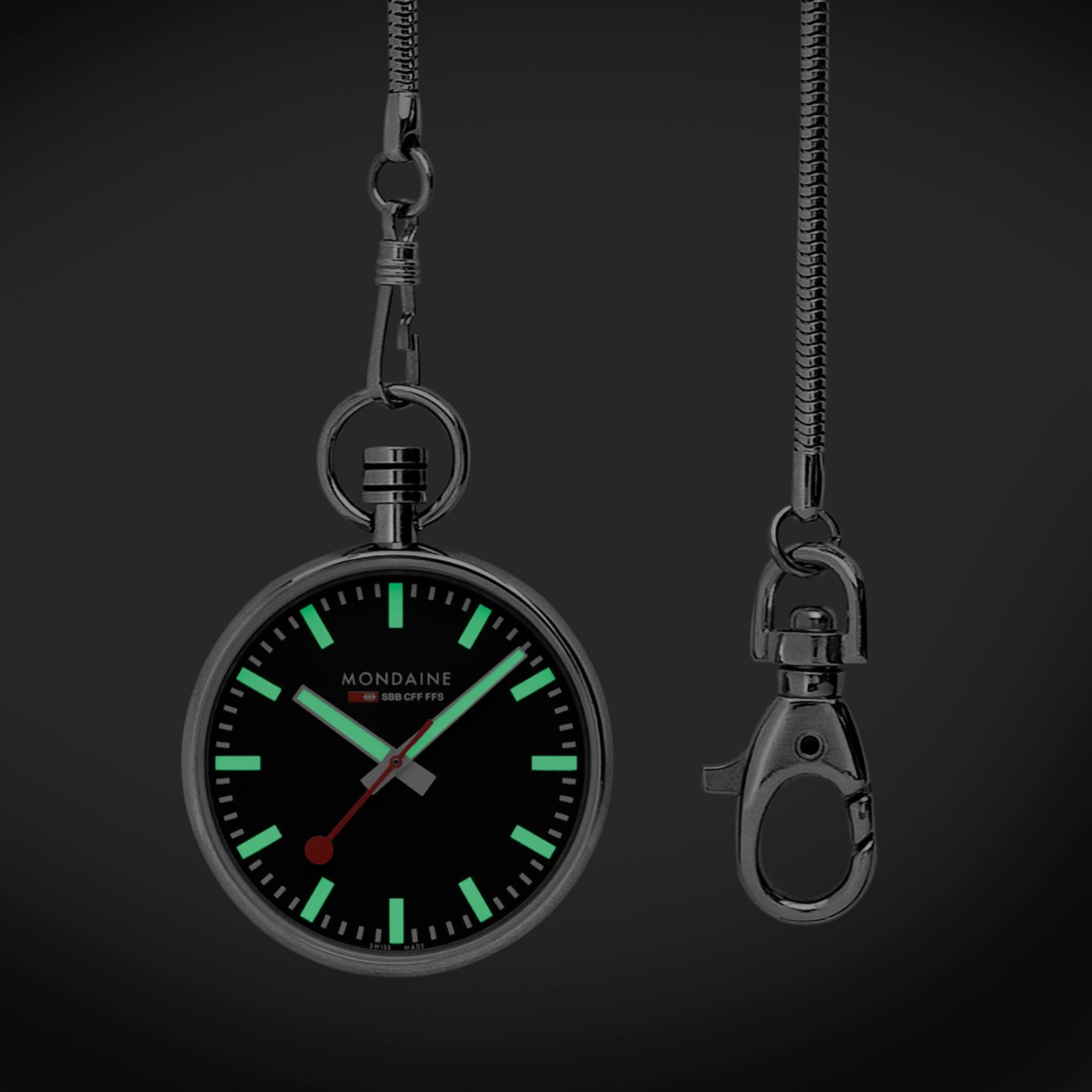 Mondaine 43mm Black Dial Steel Quartz Pocket Watch A660.30316.20SBB