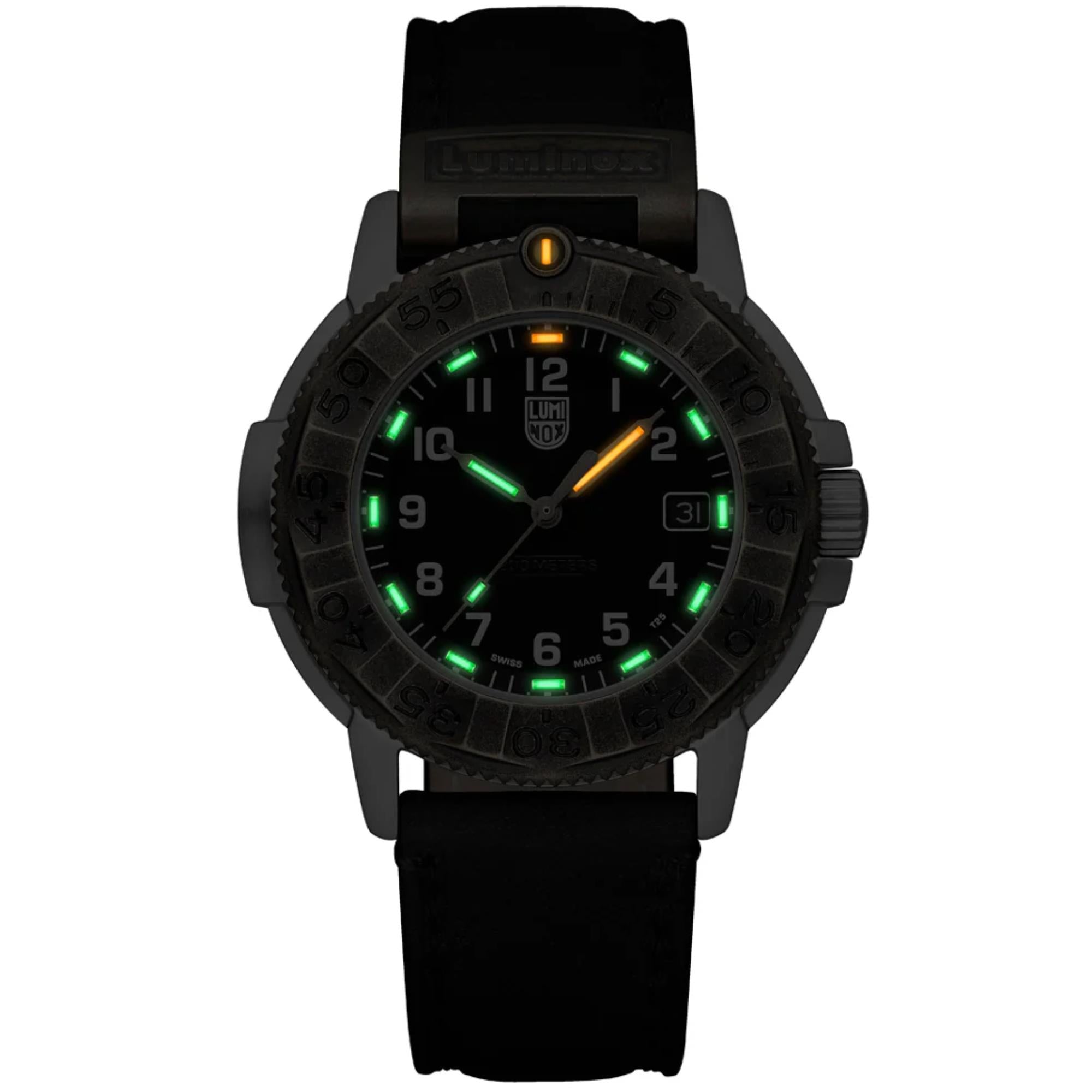 Luminox Adventure Watch XL.1301 showcasing its green and orange self-powered luminous micro gas tubes glowing in the dark