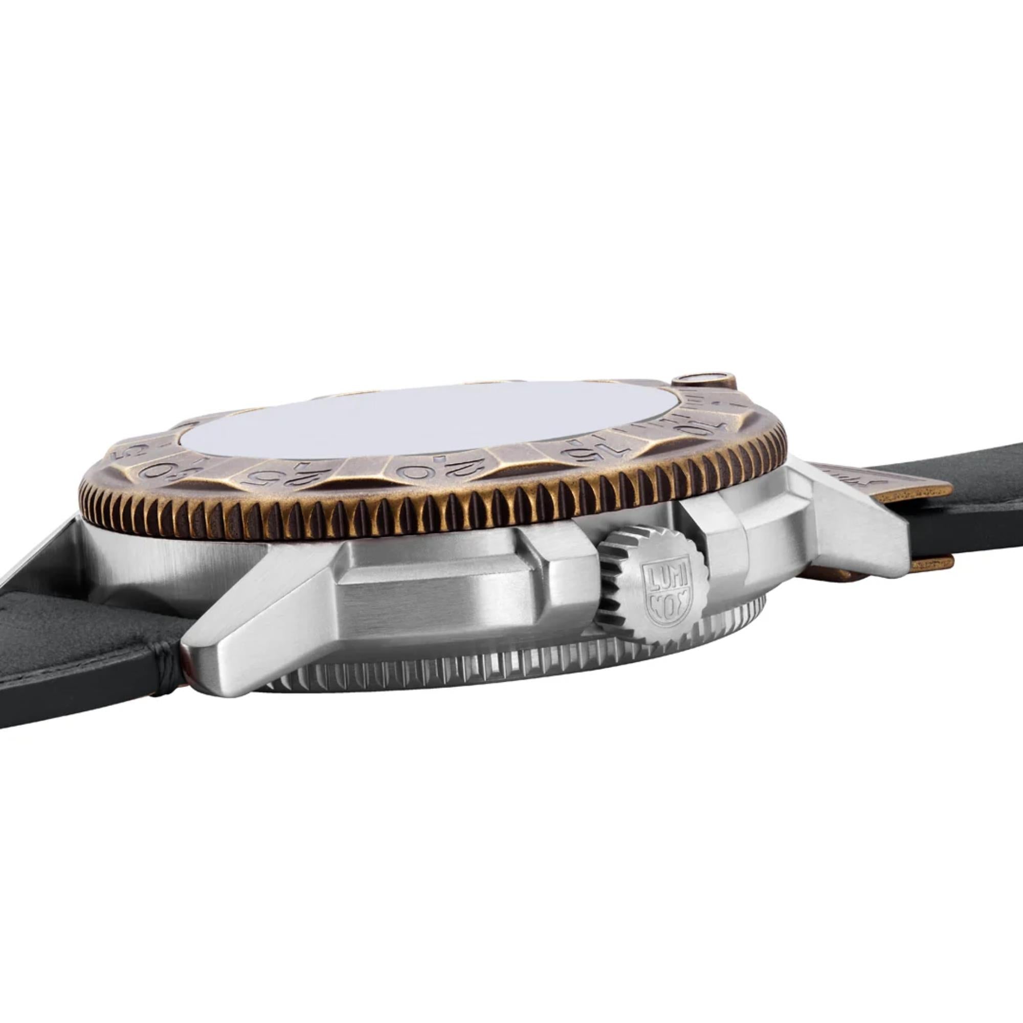 Side profile of Luminox Adventure Watch XL.1301 highlighting the brushed steel case, ridges of the bronze bezel, and logo-engraved crown