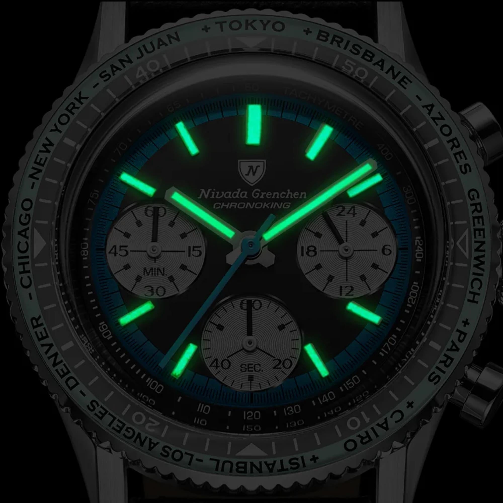 Nivada Grenchen Chronoking 38mm Chronograph Black Dial Steel Mens Mecaquartz Watch 87053Q04