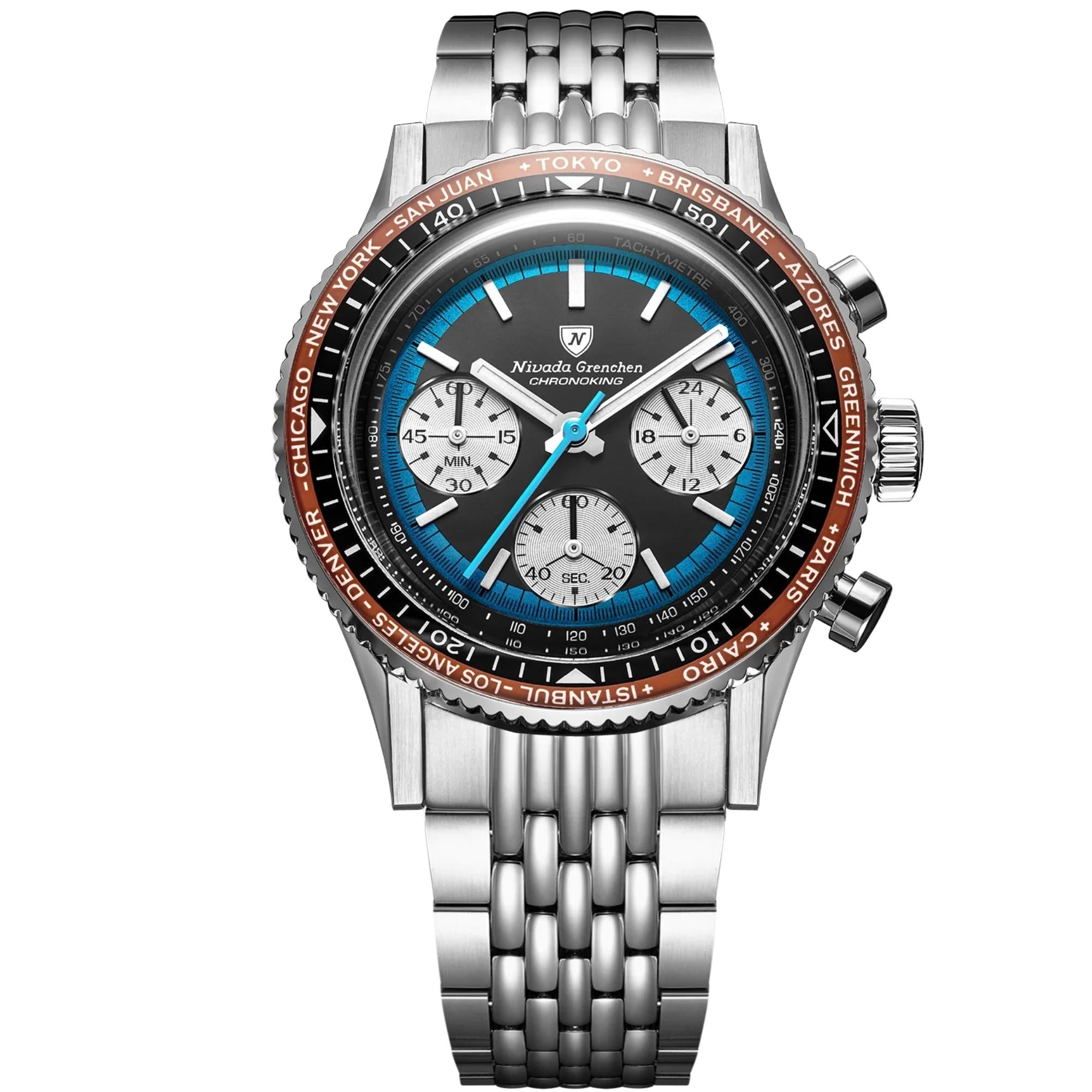 Nivada Grenchen Chronoking 38mm Chronograph Black Dial Steel Mens Mecaquartz Watch 87053Q04