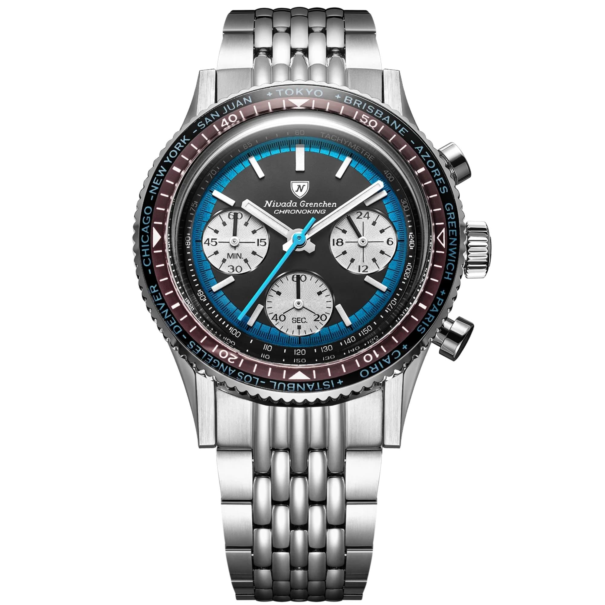 Nivada Grenchen Chronoking 38mm Chronograph Black Dial Steel Mens Mecaquartz Watch 87053Q04