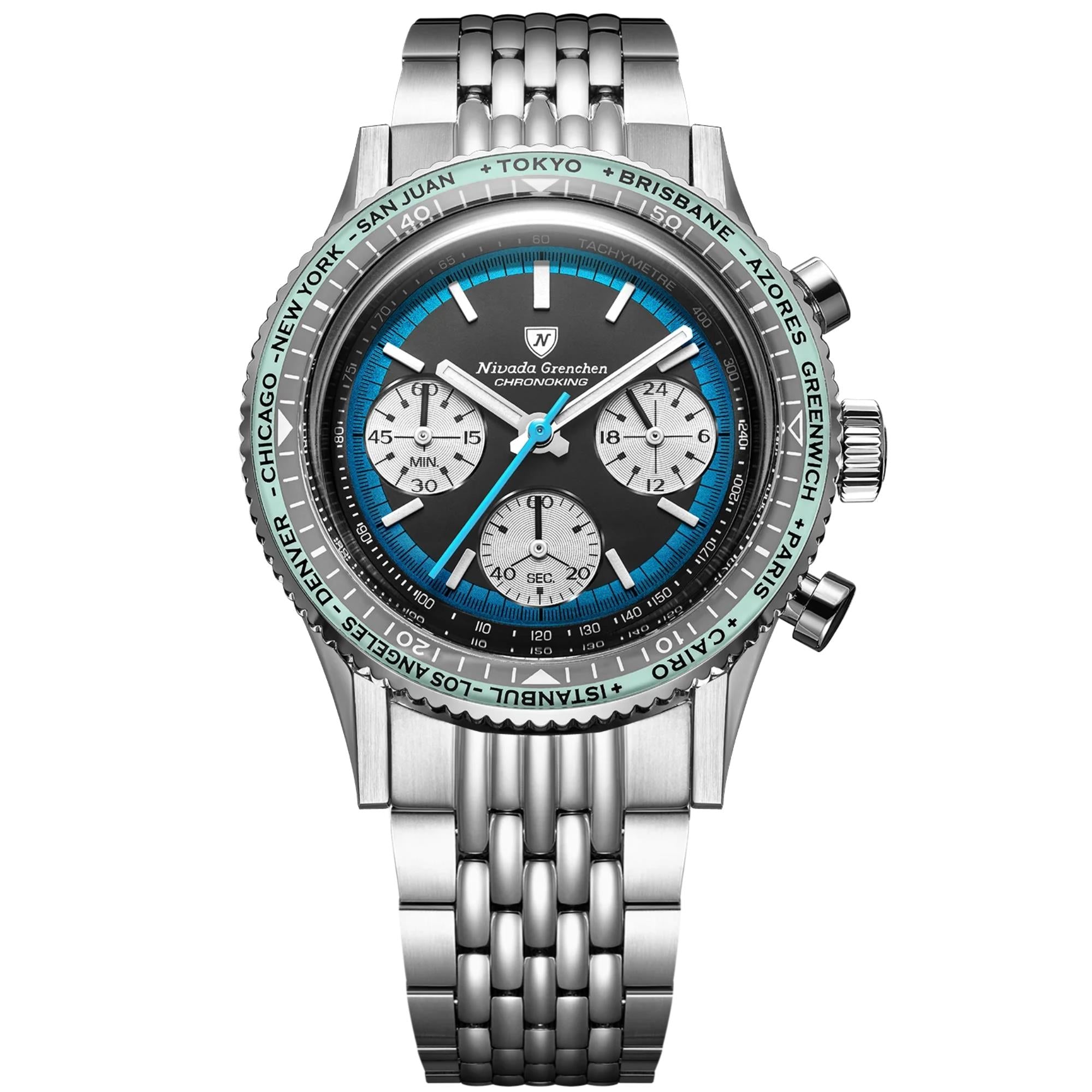 Nivada Grenchen Chronoking 38mm Chronograph Black Dial Steel Mens Mecaquartz Watch 87053Q04