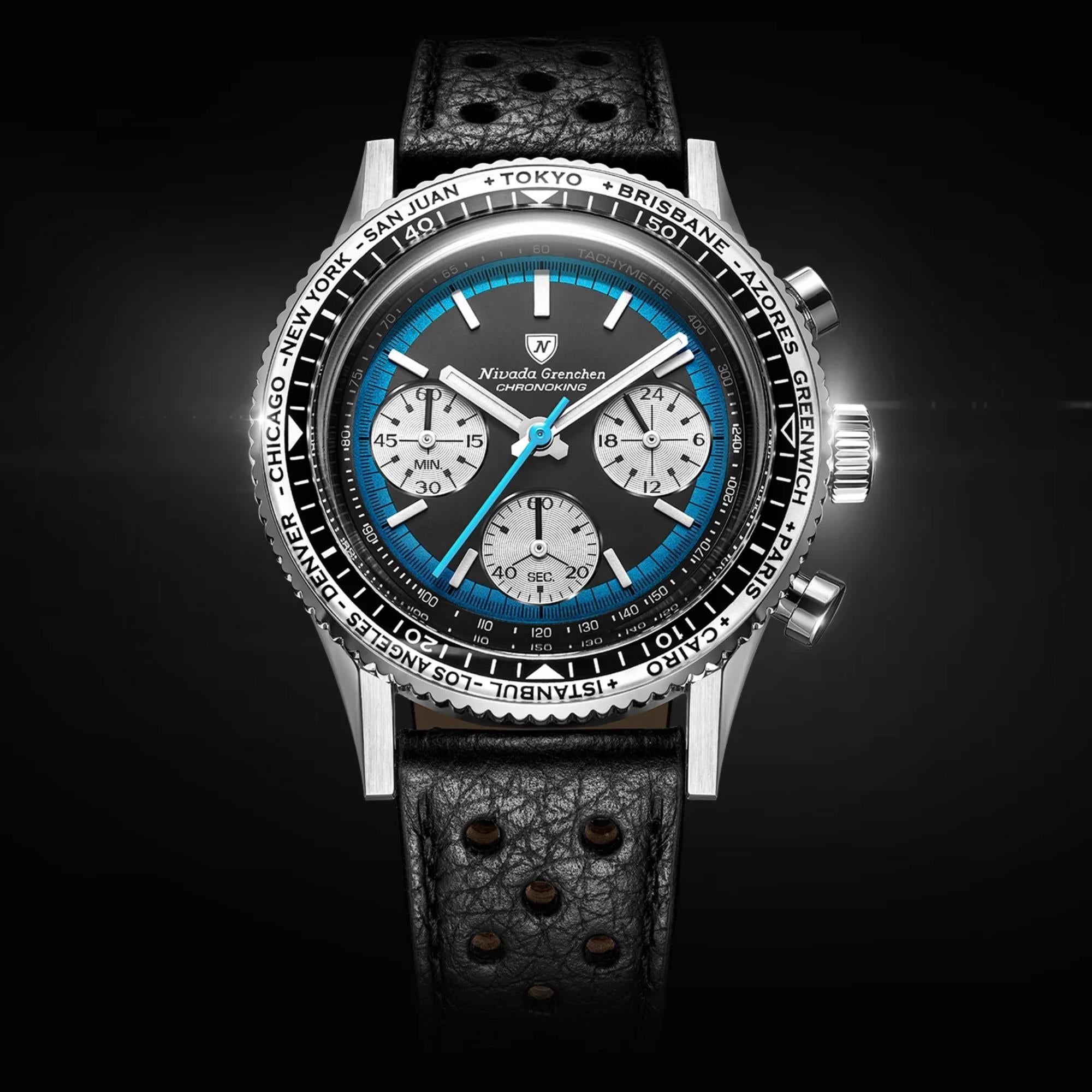 Nivada Grenchen Chronoking 38mm Chronograph Black Dial Leather Mens Mecaquartz Watch 87053Q10