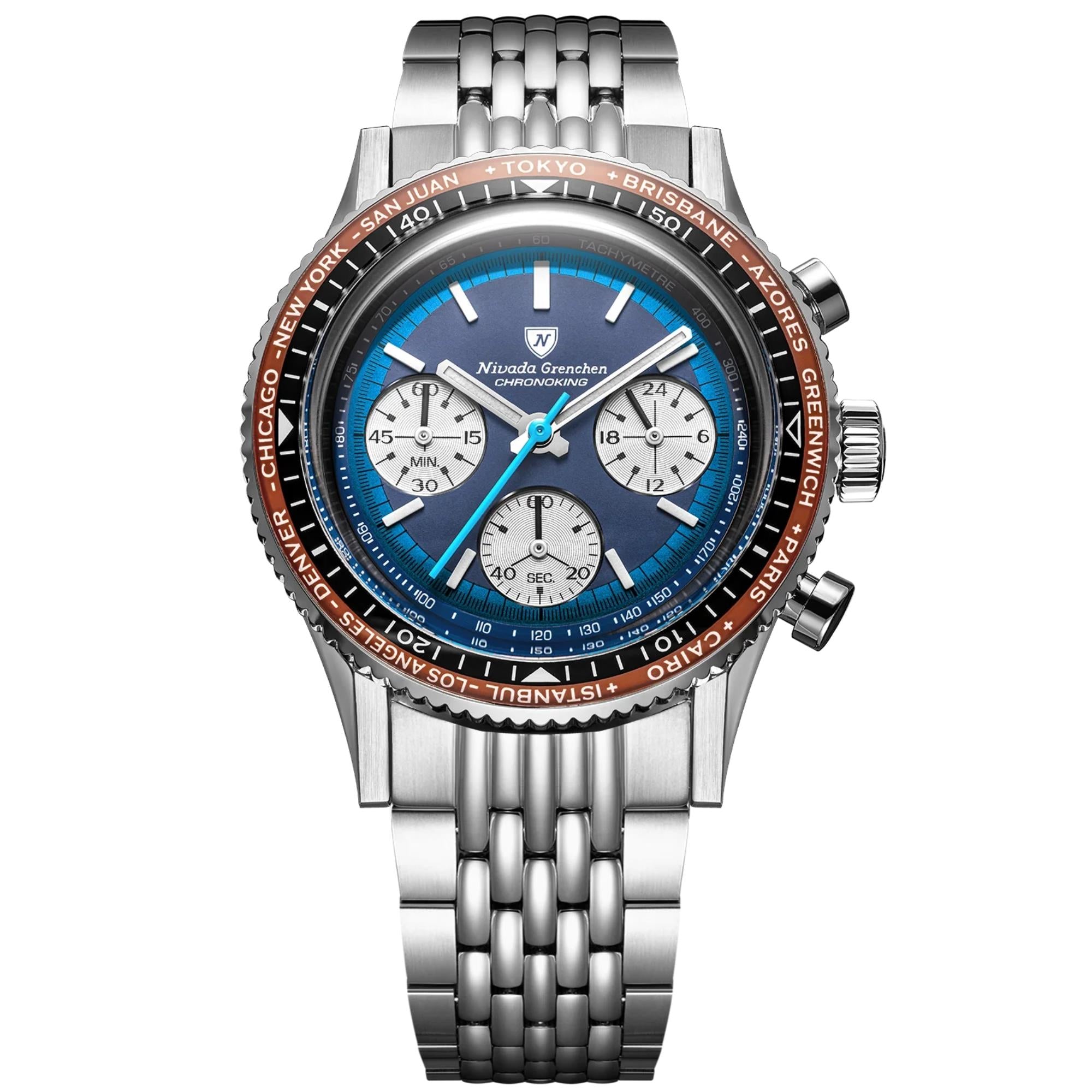 Nivada Grenchen Chronoking 38mm Chronograph Blue Dial Steel Mens Mecaquartz Watch 87054Q04