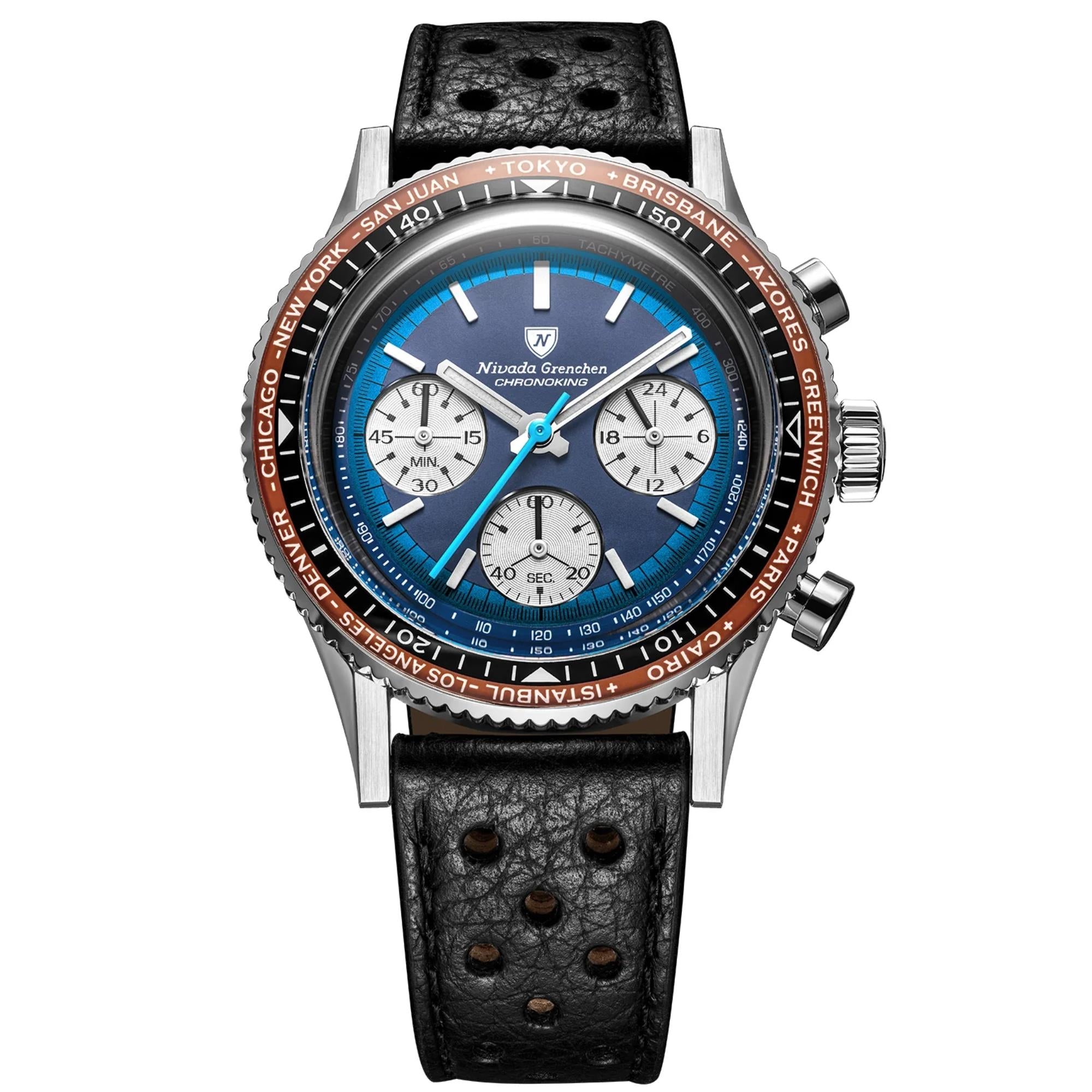 Nivada Grenchen Chronoking 38mm Chronograph Blue Dial Leather Mens Mecaquartz Watch 87054Q10