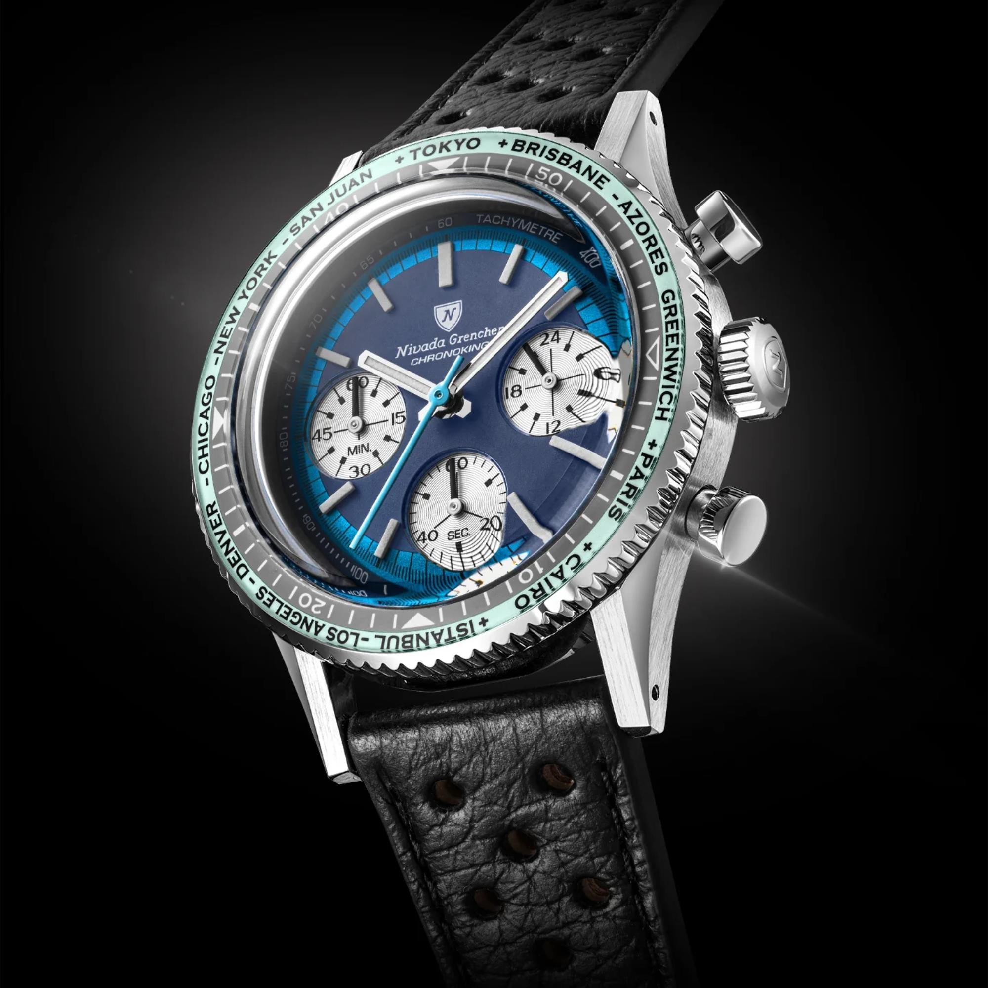 Nivada Grenchen Chronoking 38mm Chronograph Blue Dial Leather Mens Mecaquartz Watch 87054Q10