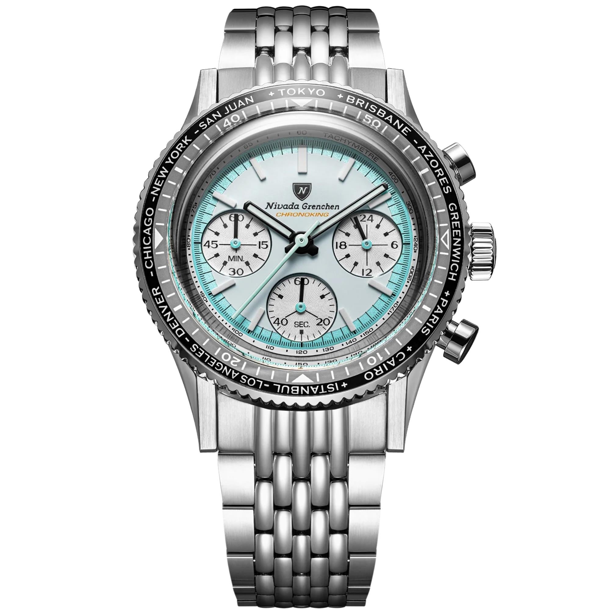 Nivada Grenchen Chronoking 38mm Chronograph White Dial Steel Mens Mecaquartz Watch 87056Q04