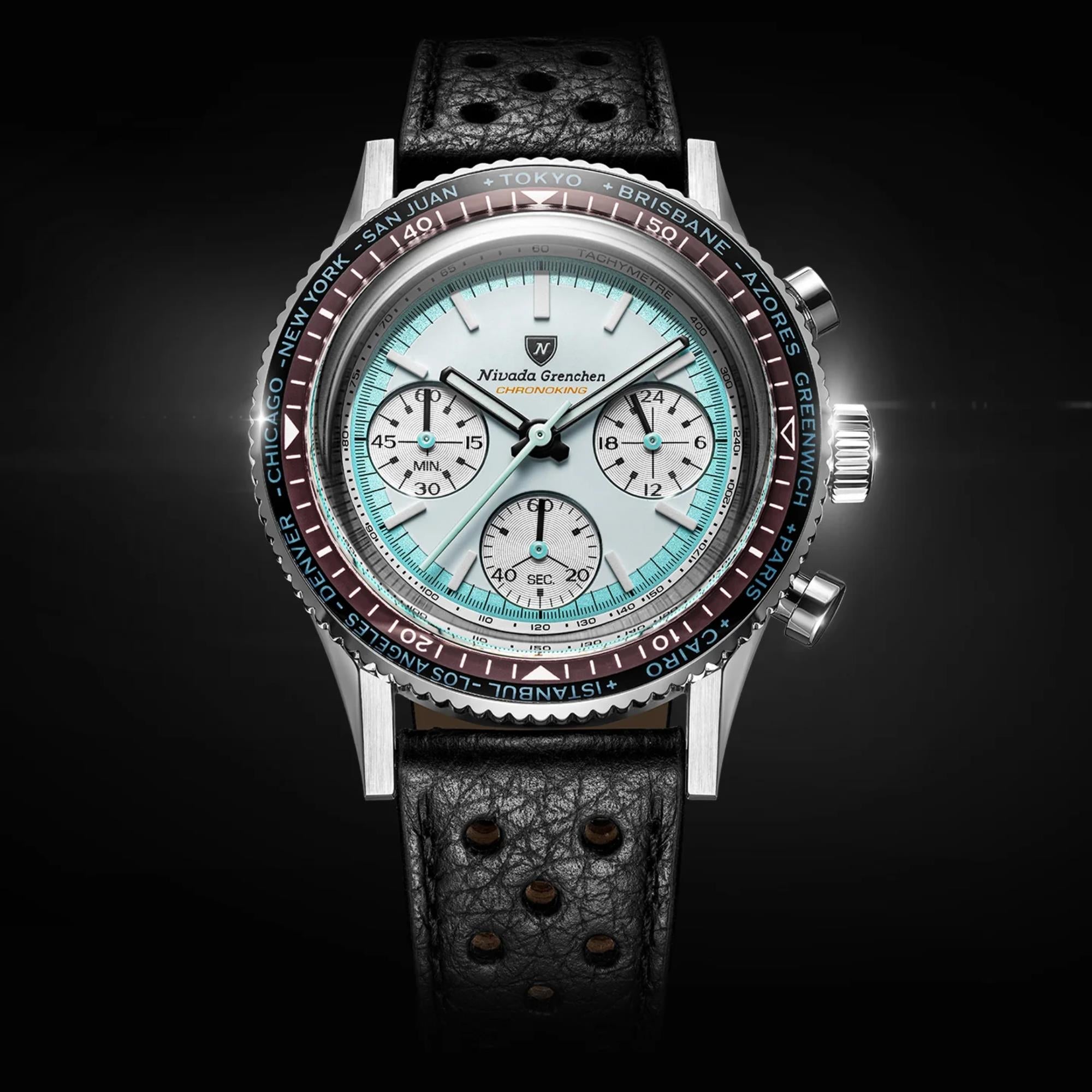 Nivada Grenchen Chronoking 38mm Chronograph White Dial Leather Mens Mecaquartz Watch 87056Q10