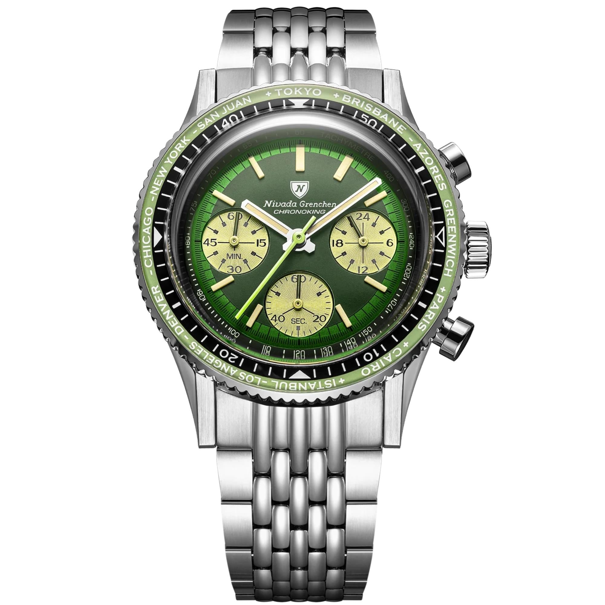 Nivada Grenchen Chronoking 38mm Chronograph Green Dial Steel Mens Mecaquartz Watch 87057Q04