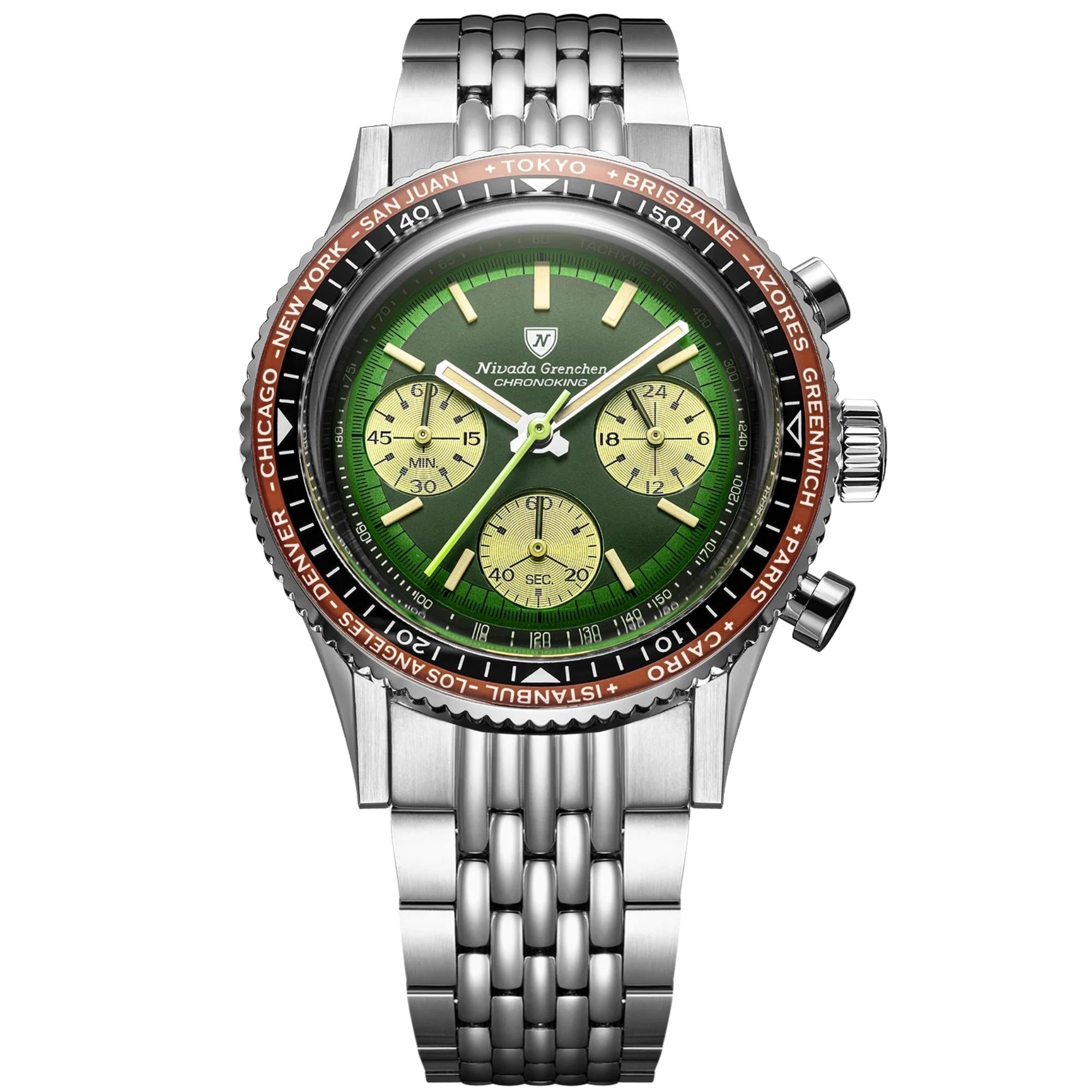 Nivada Grenchen Chronoking 38mm Chronograph Green Dial Steel Mens Mecaquartz Watch 87057Q04