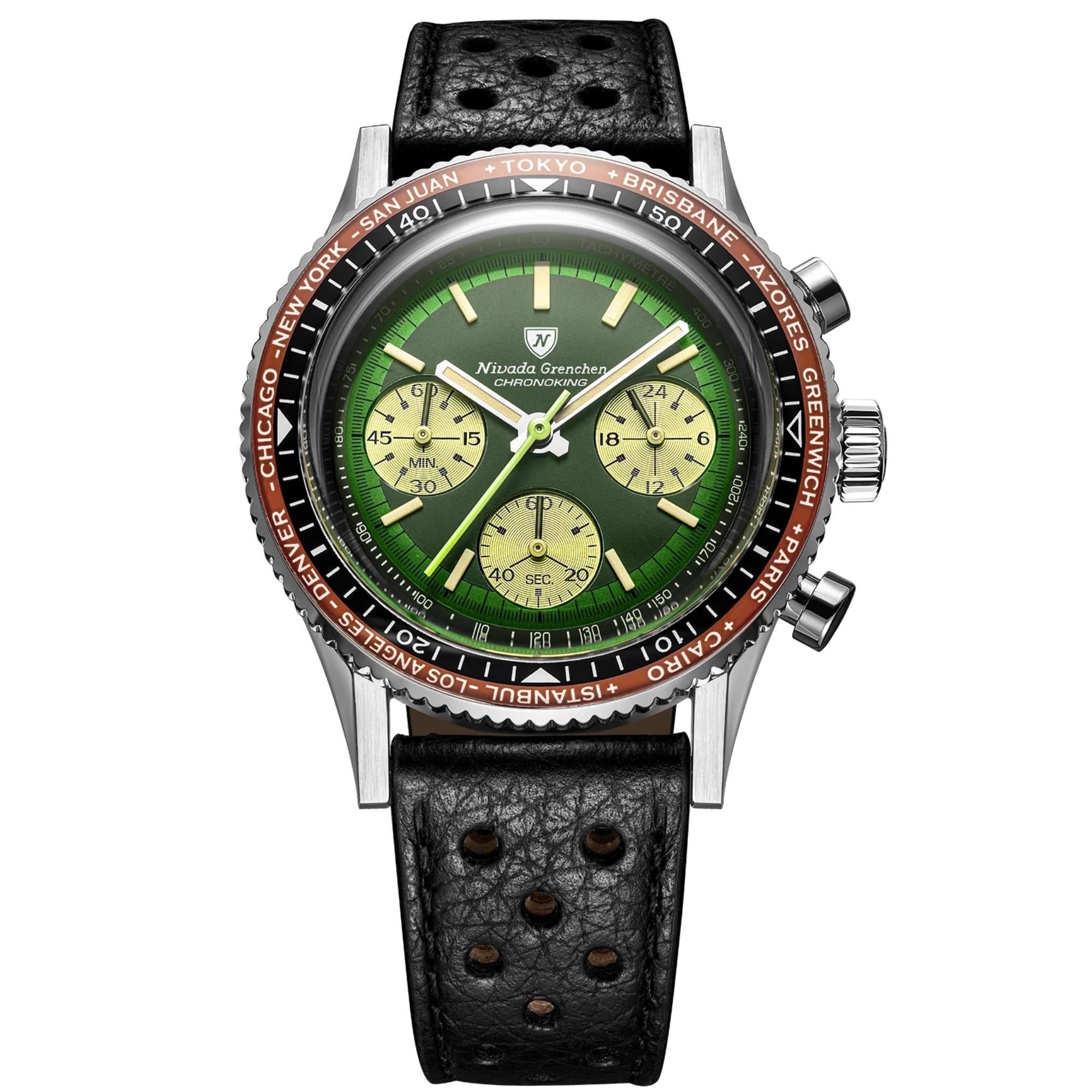 Nivada Grenchen Chronoking 38mm Chronograph Green Dial Leather Mens Mecaquartz Watch 87057Q10