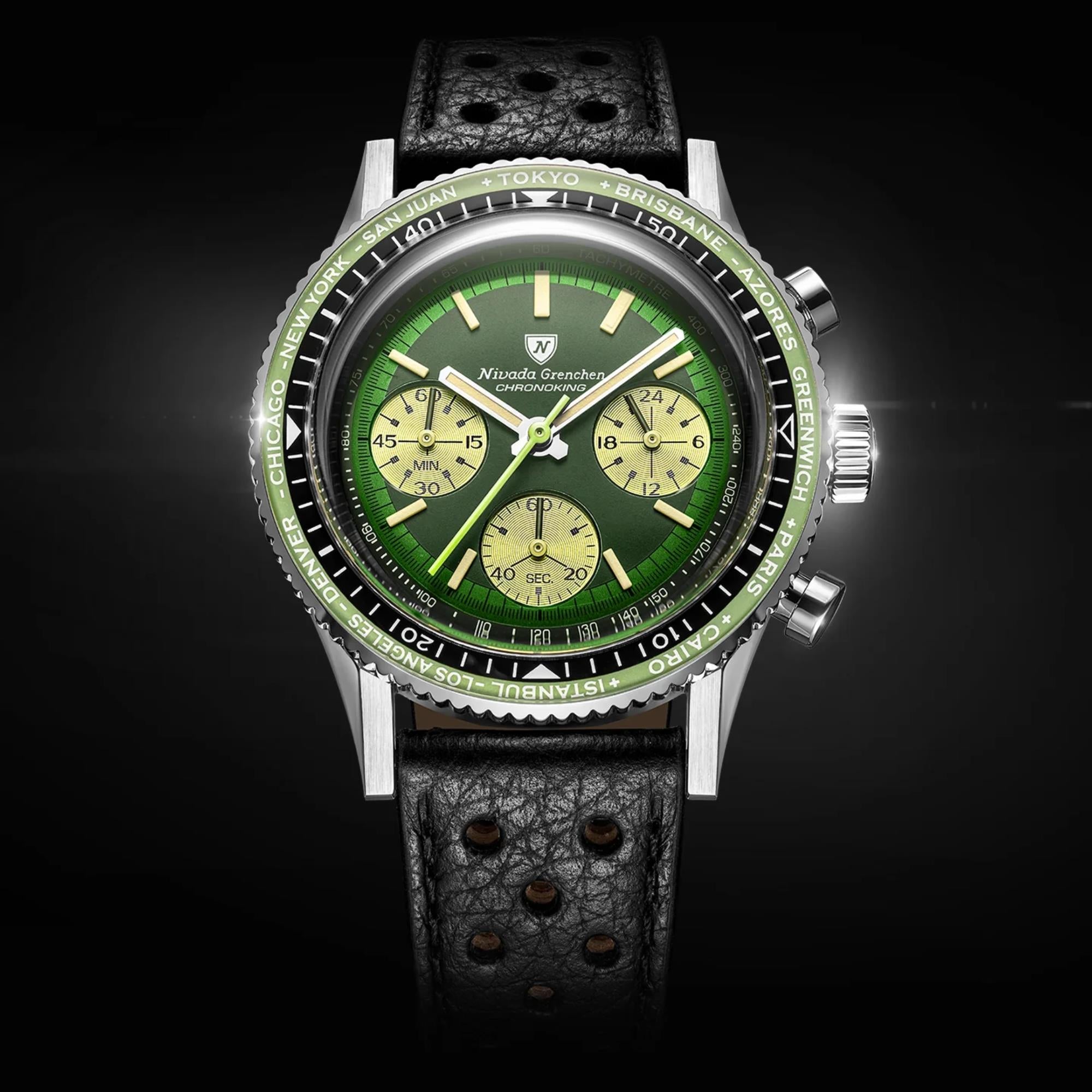 Nivada Grenchen Chronoking 38mm Chronograph Green Dial Leather Mens Mecaquartz Watch 87057Q10