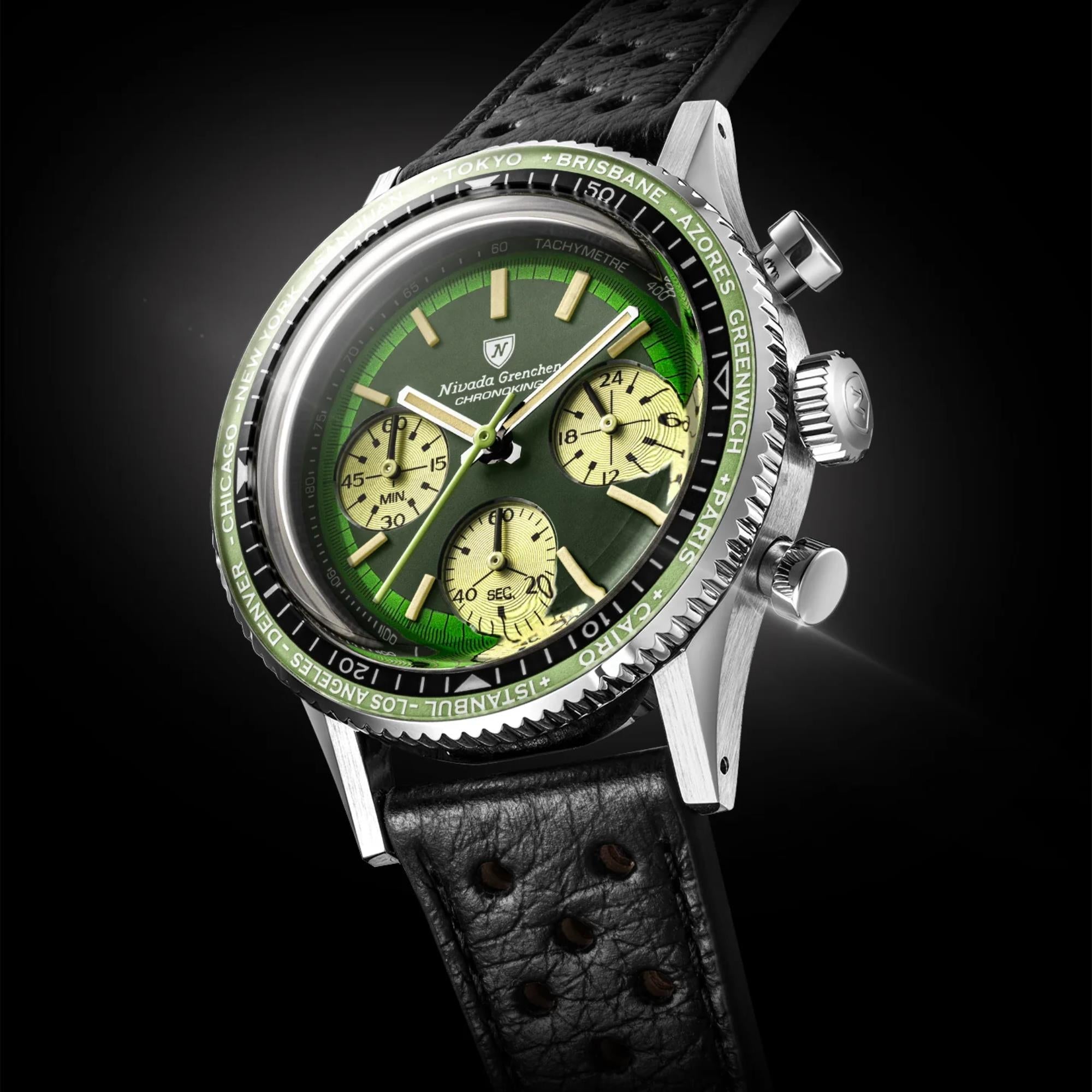 Nivada Grenchen Chronoking 38mm Chronograph Green Dial Leather Mens Mecaquartz Watch 87057Q10