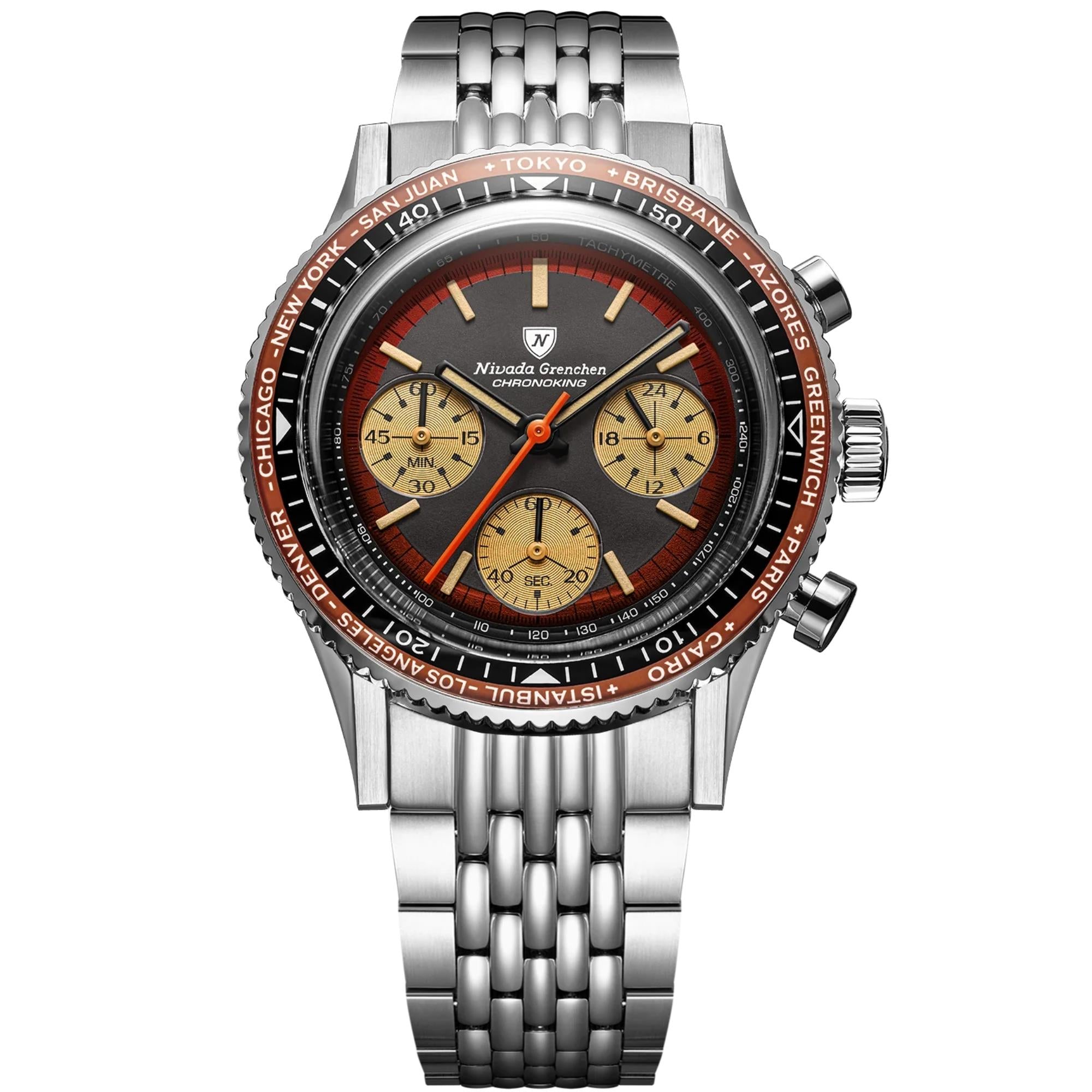 Nivada Grenchen Chronoking 38mm Chronograph Black Dial Steel Mens Mecaquartz Watch 87055Q04