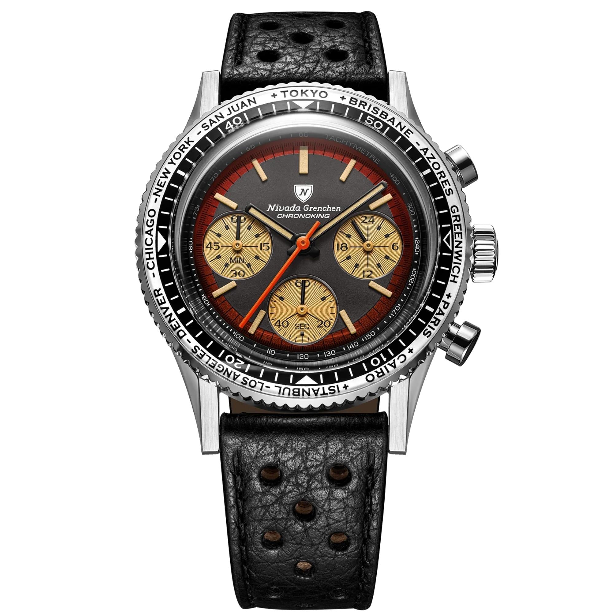 Nivada Grenchen Chronoking 38mm Chronograph Black Dial Leather Mens Mecaquartz Watch 87055Q10