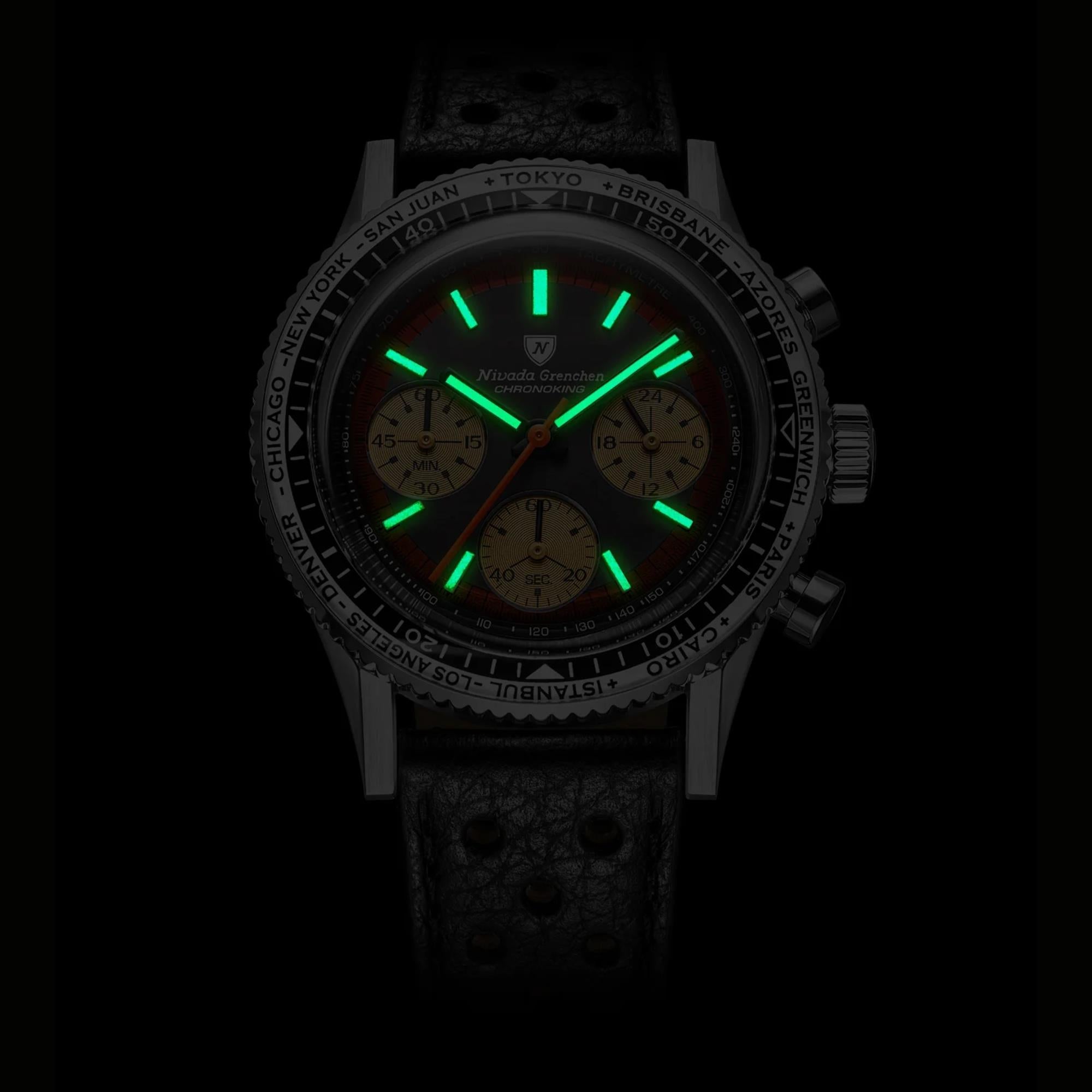 Nivada Grenchen Chronoking 38mm Chronograph Black Dial Leather Mens Mecaquartz Watch 87055Q10