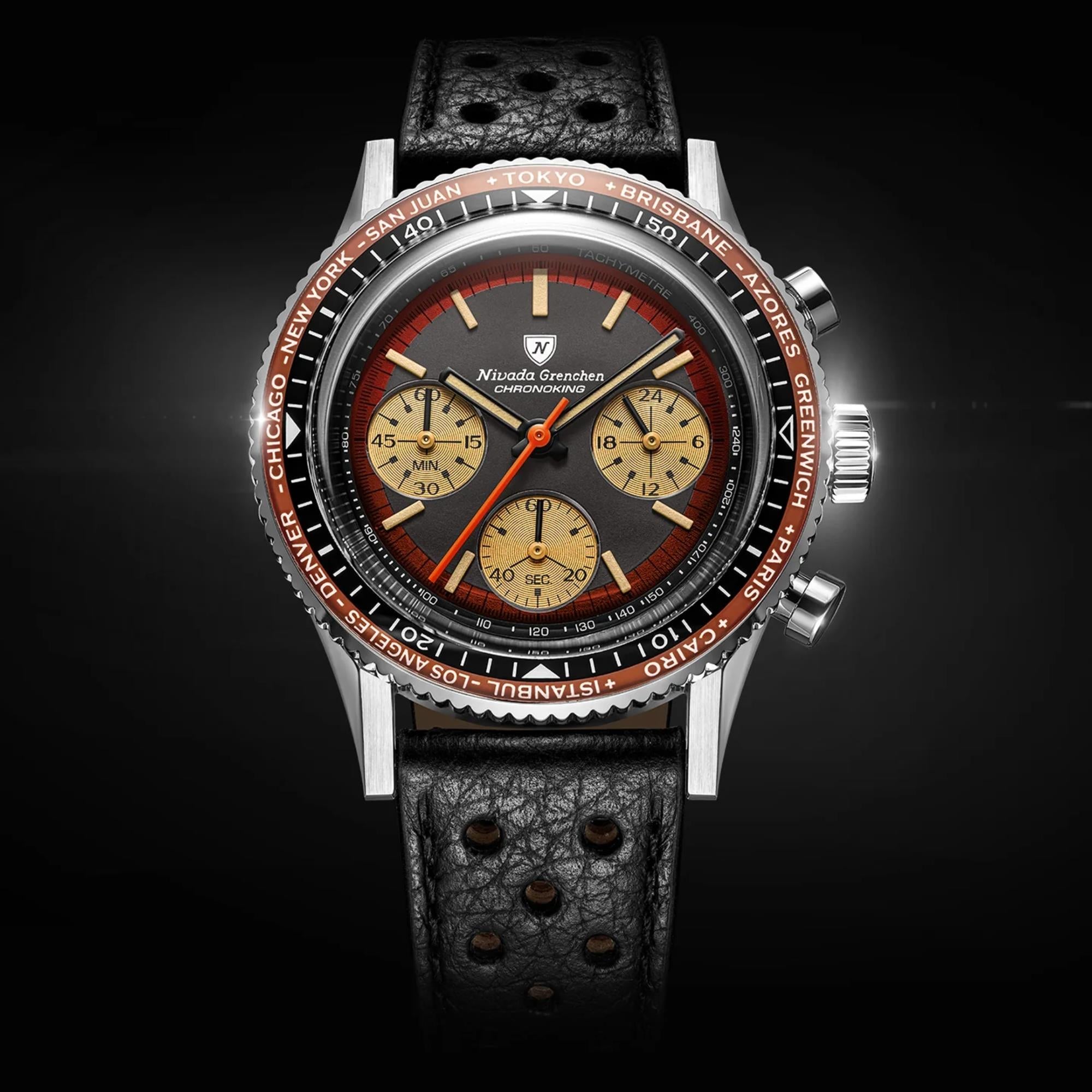 Nivada Grenchen Chronoking 38mm Chronograph Black Dial Leather Mens Mecaquartz Watch 87055Q10