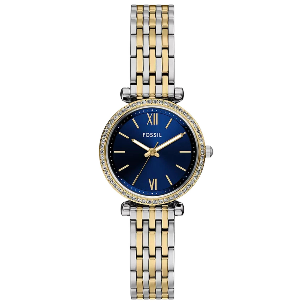 Stainless steel and gold-tone ladies quartz watch with blue dial, gem-studded bezel