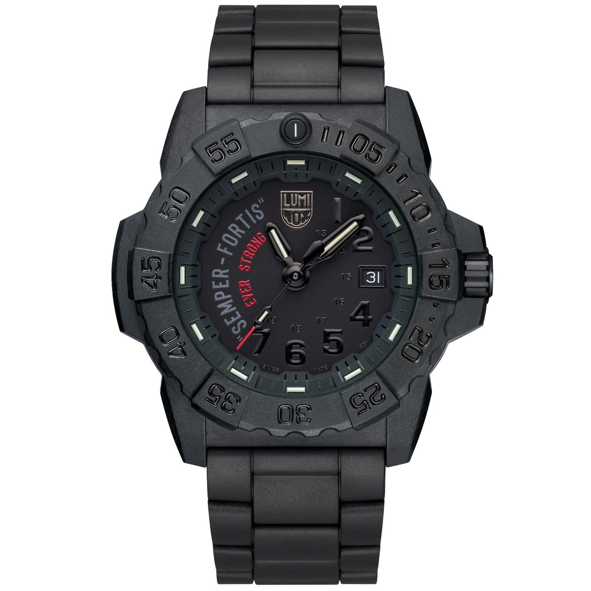 Men's black carbonox quartz wristwatch with round dial, date window at 3, luminous markers