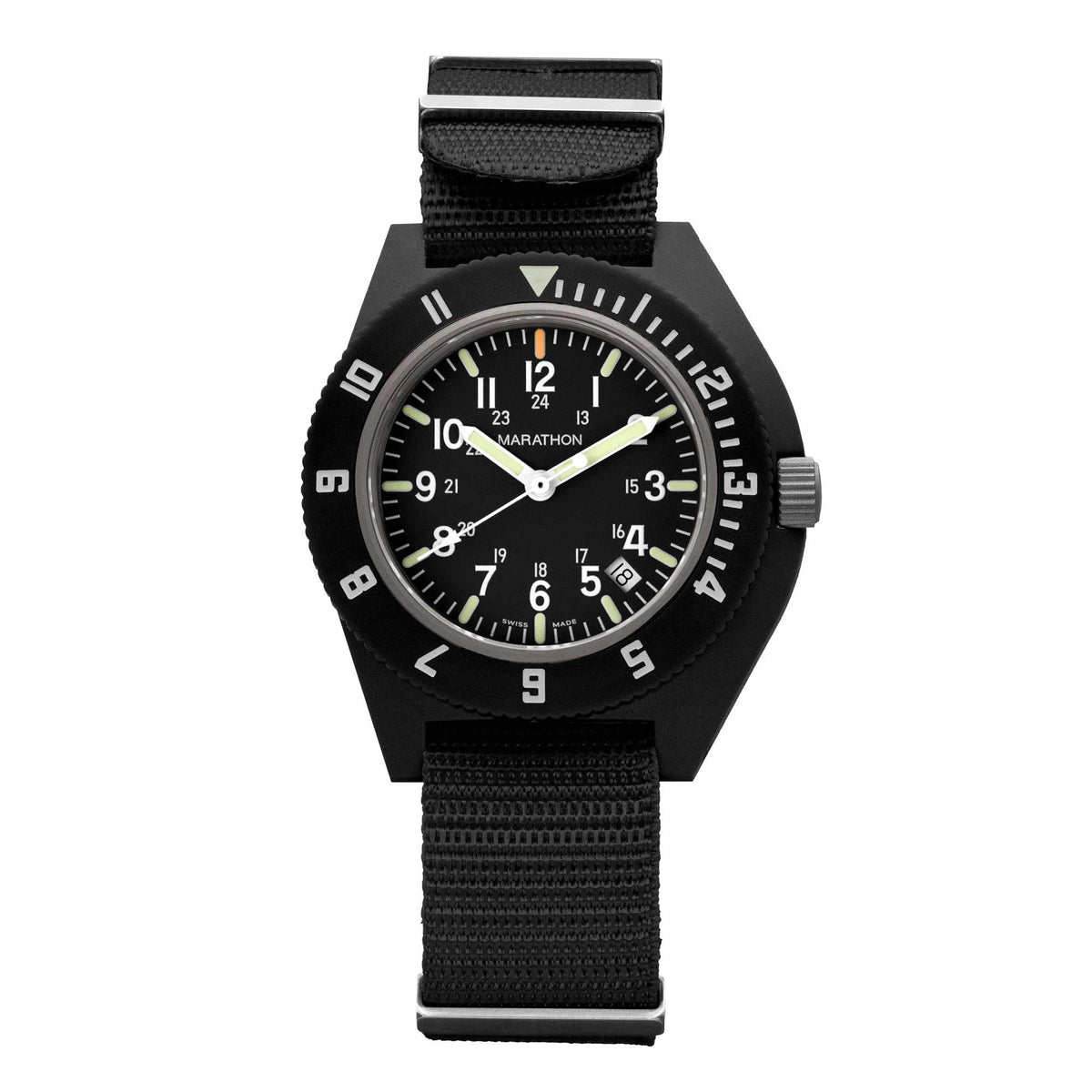 Marathon Navigator WW194013BK-2102 quartz watch showing black dial and matching strap on plain background