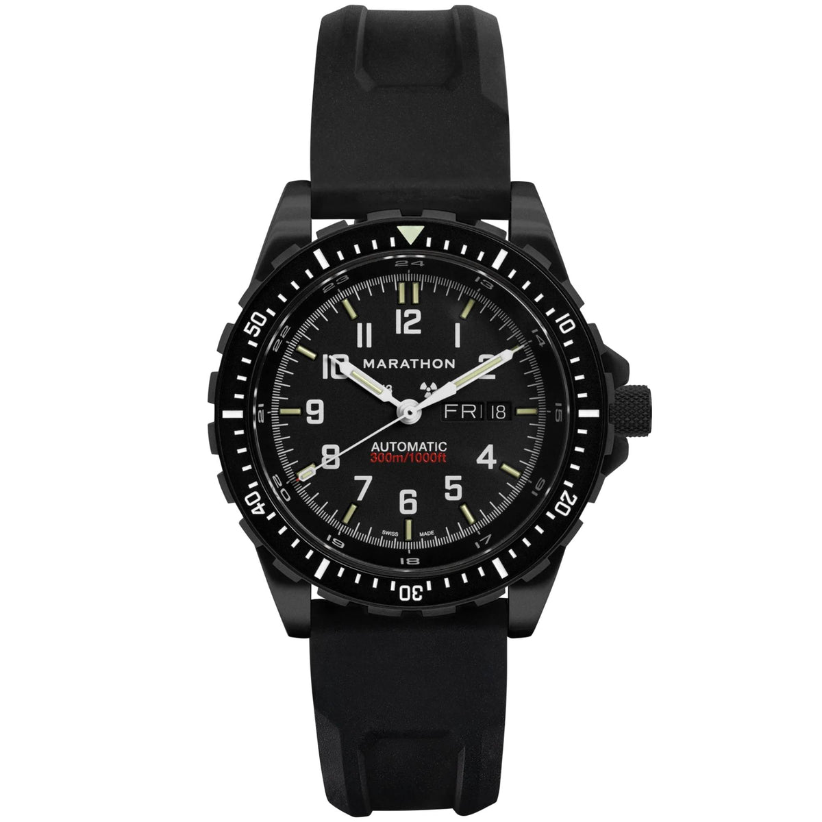 Marathon SAR Anthracite WW194021BK-0130 automatic watch featuring a black dial with a black rubber strap and matching bezel on a plain background