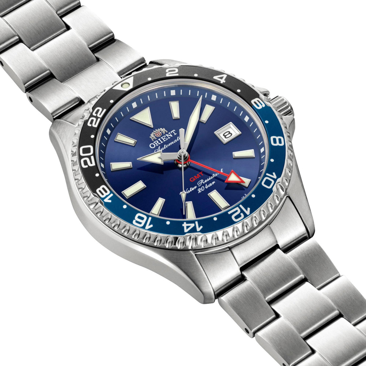 Orient Mako GMT RA-BC0003L30B 43mm case profile showing the blue and black 24-hour GMT bezel