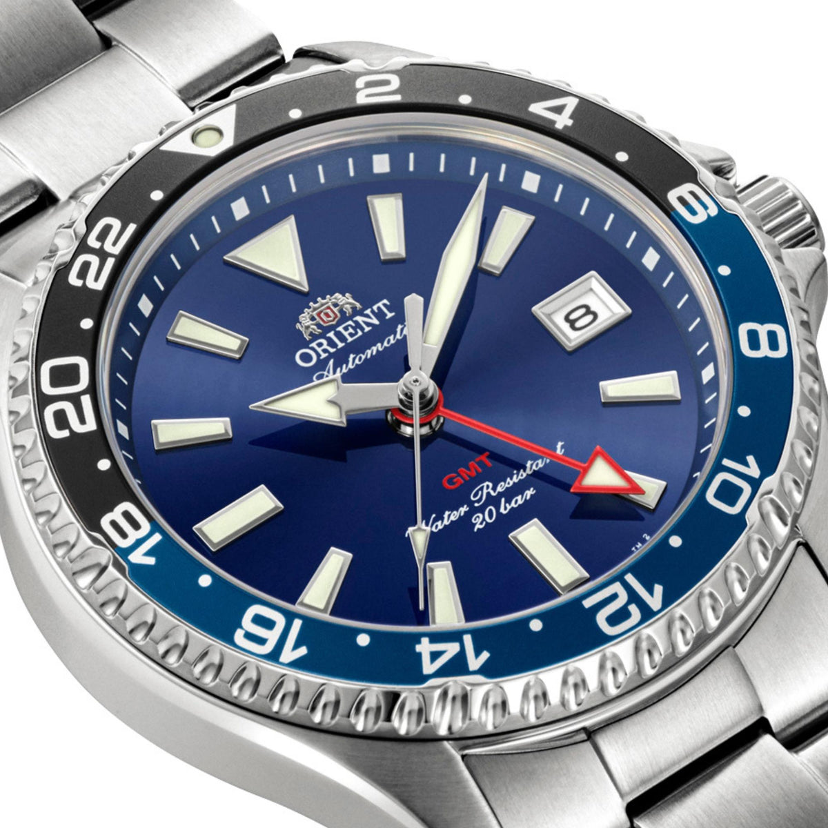 Orient Mako GMT blue dial mens watch RA-BC0003L30B showing its blue dial, red GMT hand, and a date window