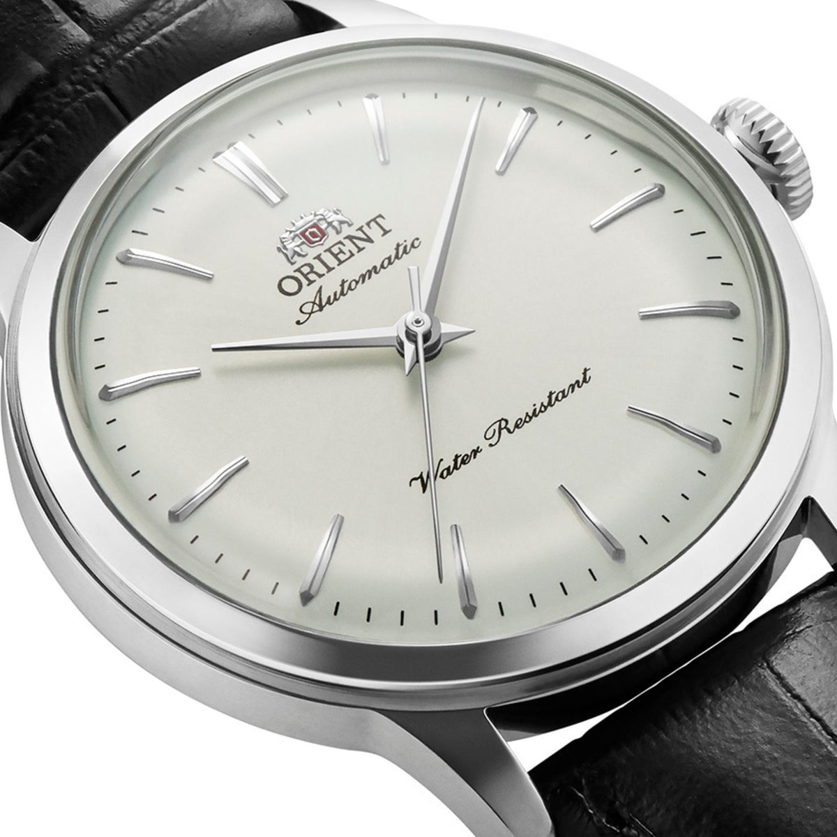 Orient Bambino watch RA-BB0103S30B showing its white dial and silver-tone case with matching hour hands