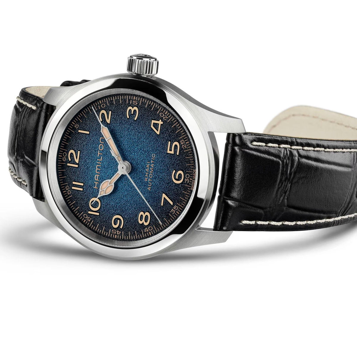 Hamilton Khaki Field Murph H70405740 automatic wristwatch profile side view displaying blue dial, stainless steel bezel, and white contrast stitching