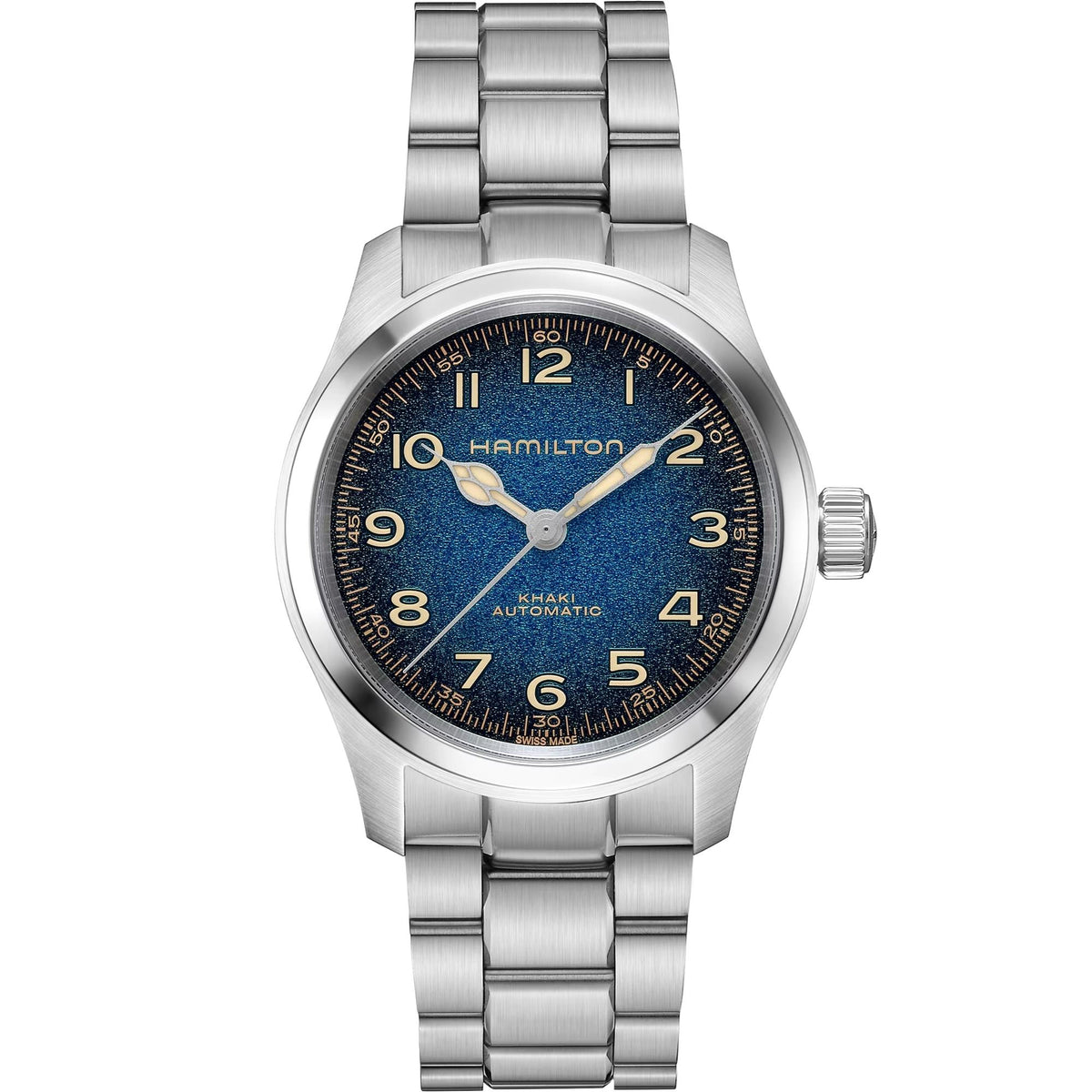 Hamilton Khaki Field Murph H70405140 38mm mens automatic watch front view featuring blue dial and stainless steel bracelet