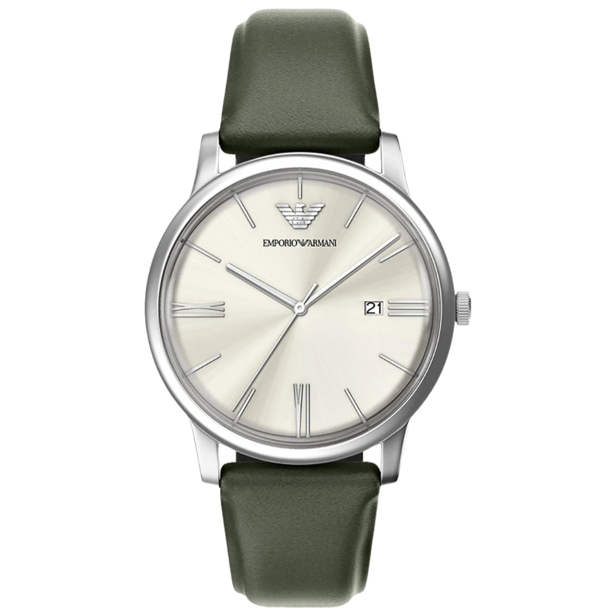 Emporio Armani Minimalist AR11811 mens quartz watch featuring an ivory dial, polished steel round case, silver baton markers, date window at 3 o'clock, and green leather strap