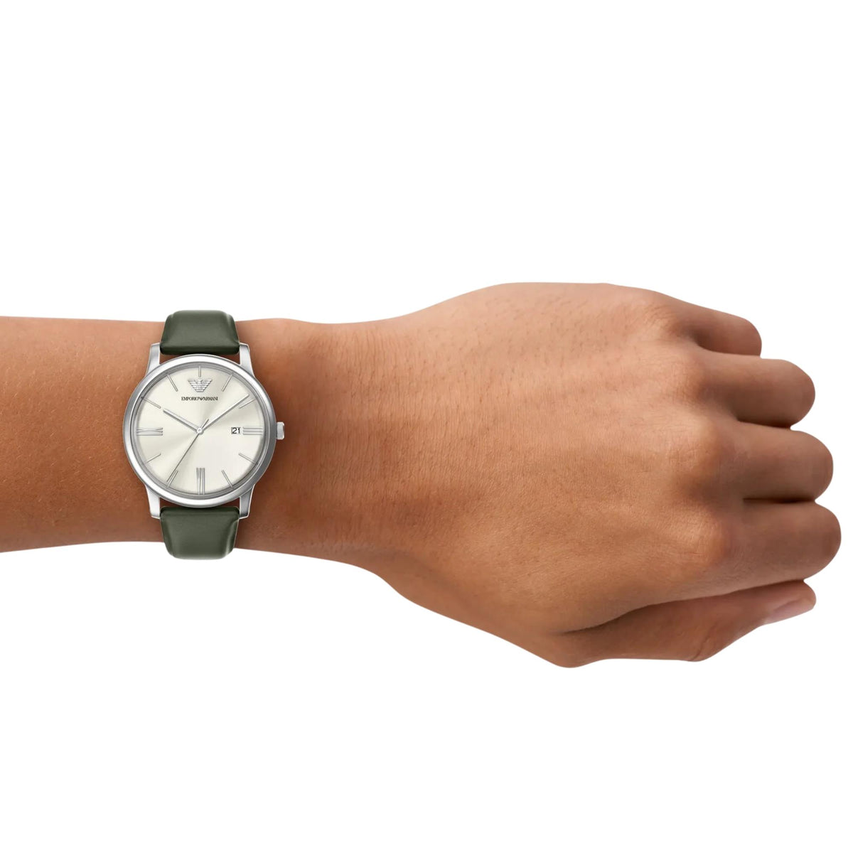 Emporio Armani Minimalist AR11811 timepiece worn on a wrist, showing the 39mm stainless steel case, ivory dial, slim silver hands, and olive green leather band