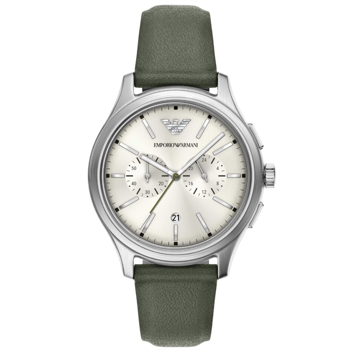 Emporio Armani Dario AR11801 mens quartz chronograph watch featuring an ivory dial, two sub-dials, date aperture, brushed steel case, and green leather strap