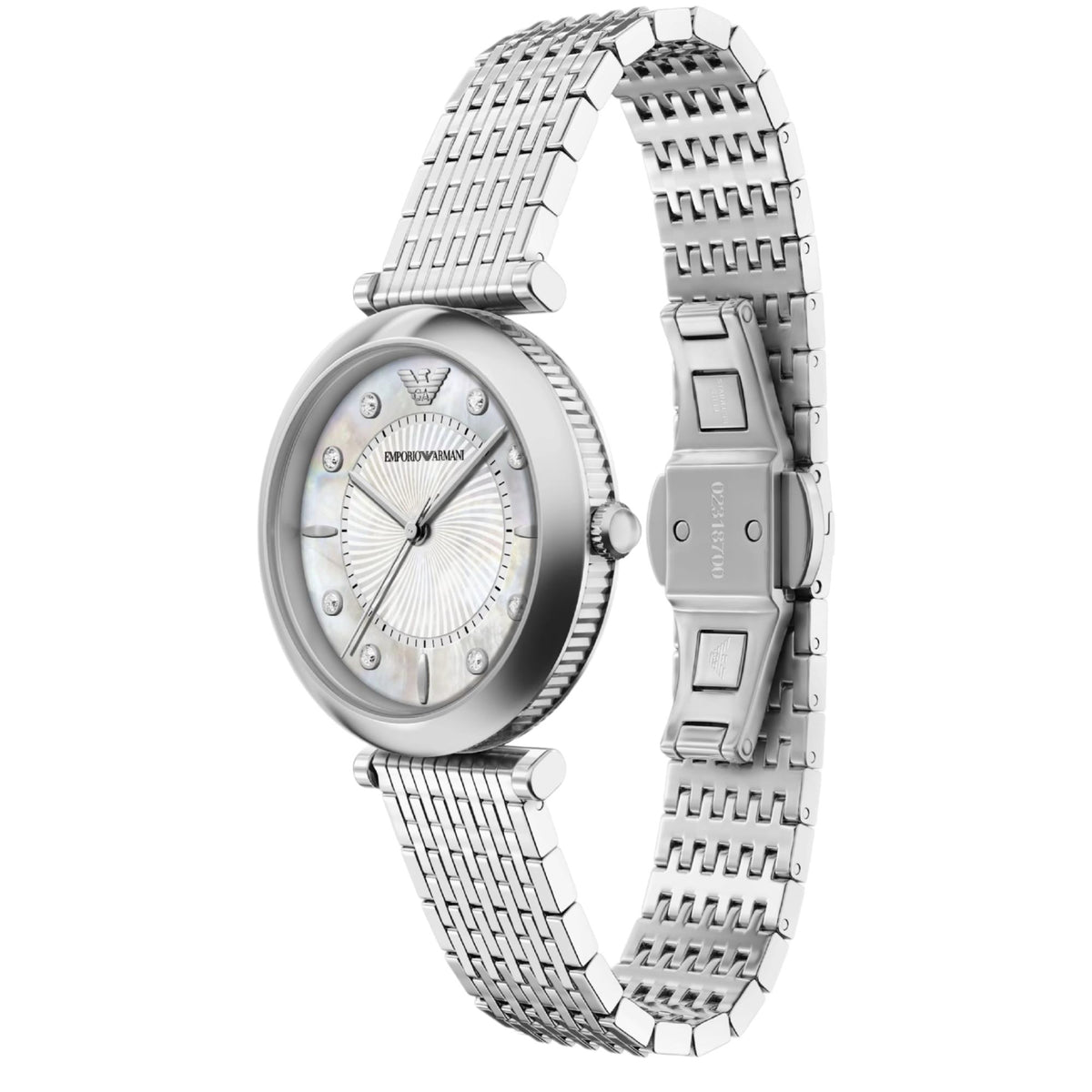 Angled perspective of the Emporio Armani Archelia AR11807 watch showcasing the coin-edge bezel detail, mother of pearl dial, folding clasp, and steel mesh-style bracelet