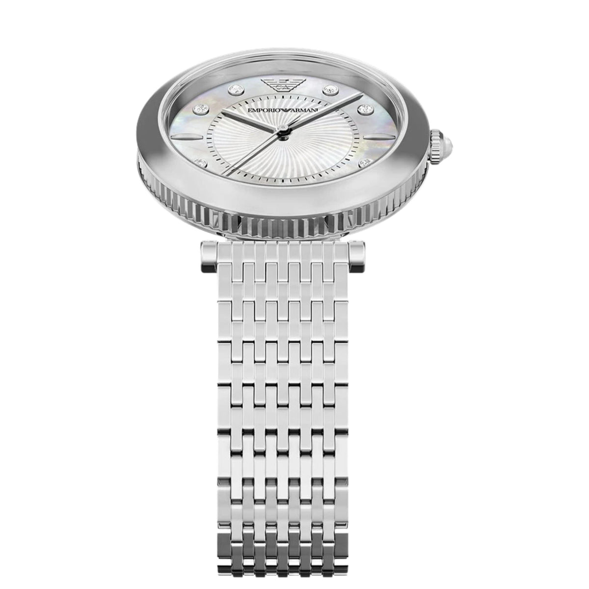 Overhead view of the Emporio Armani Archelia AR11807 wrist watch highlighting the textured mother of pearl dial, crystal indices, slim hands, and polished steel bracelet