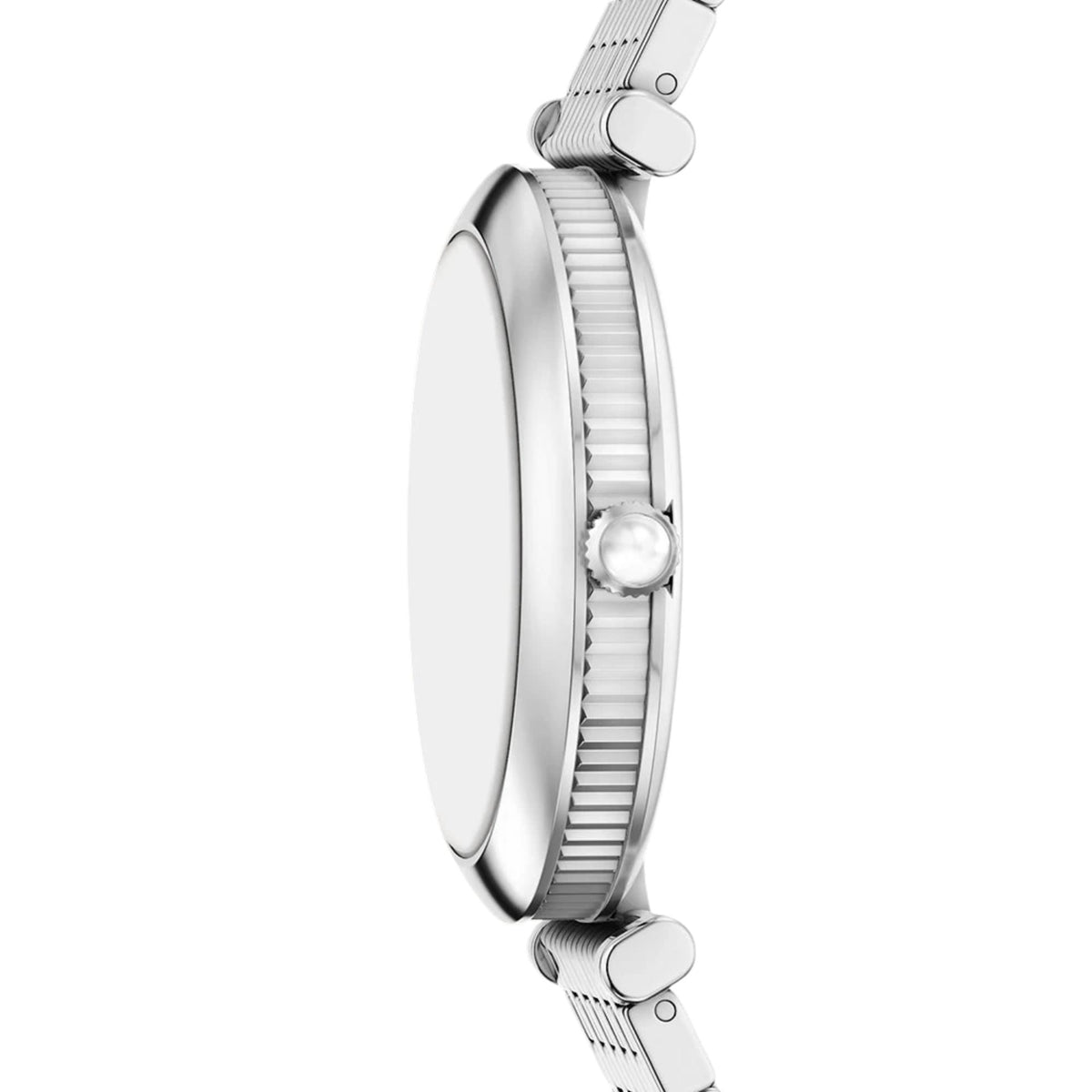 Side view of the Emporio Armani Archelia AR11807 watch showing the round stainless steel case, grooved bezel profile, and cabochon-topped crown