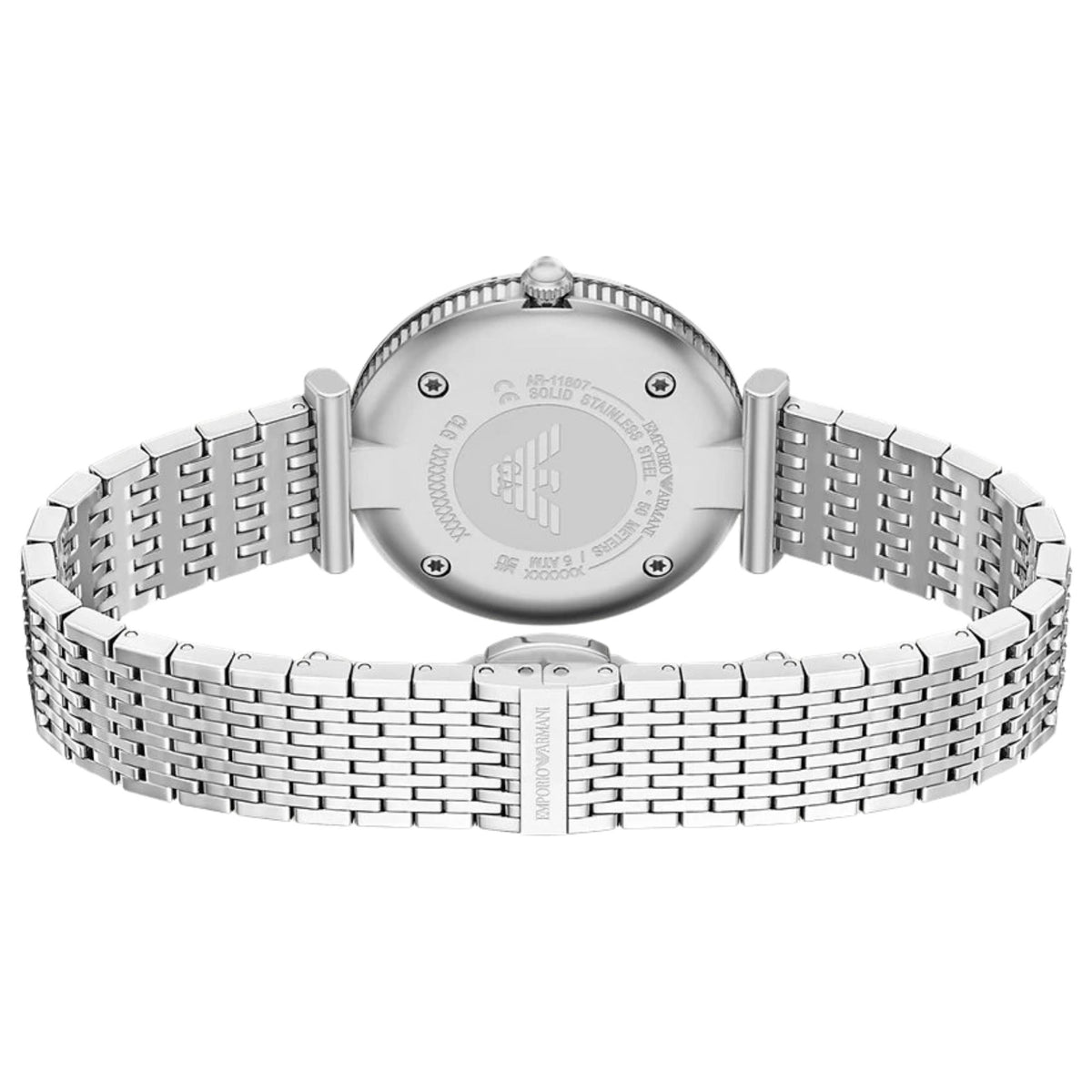 Rear view of the Emporio Armani Archelia AR11807 watch displaying the engraved solid steel case back and multi-link stainless steel bracelet with butterfly clasp