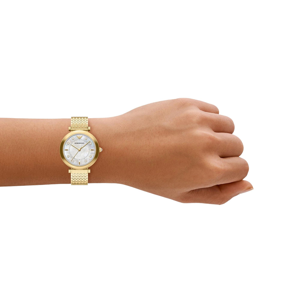 Emporio Armani Archelia AR11809 timepiece styled on a wrist, showing the 32mm gold-tone stainless steel case, mother of pearl dial, and multi-link gold metal bracelet