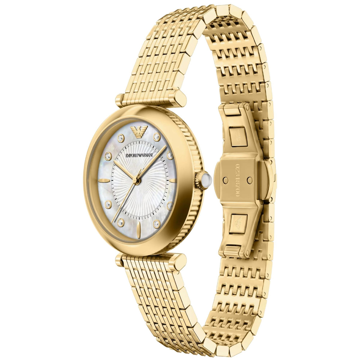 Angled view of the Emporio Armani Archelia AR11809 watch showcasing the fluted bezel edge, mother of pearl dial, folding clasp, and gold-tone mesh-style bracelet