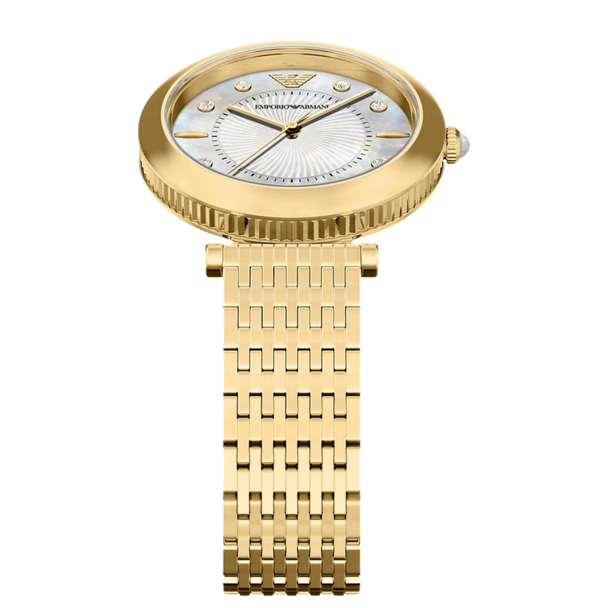 Overhead perspective of the Emporio Armani Archelia AR11809 wrist watch highlighting the mother of pearl dial face, stone indices, slim hands, and polished gold-tone bracelet