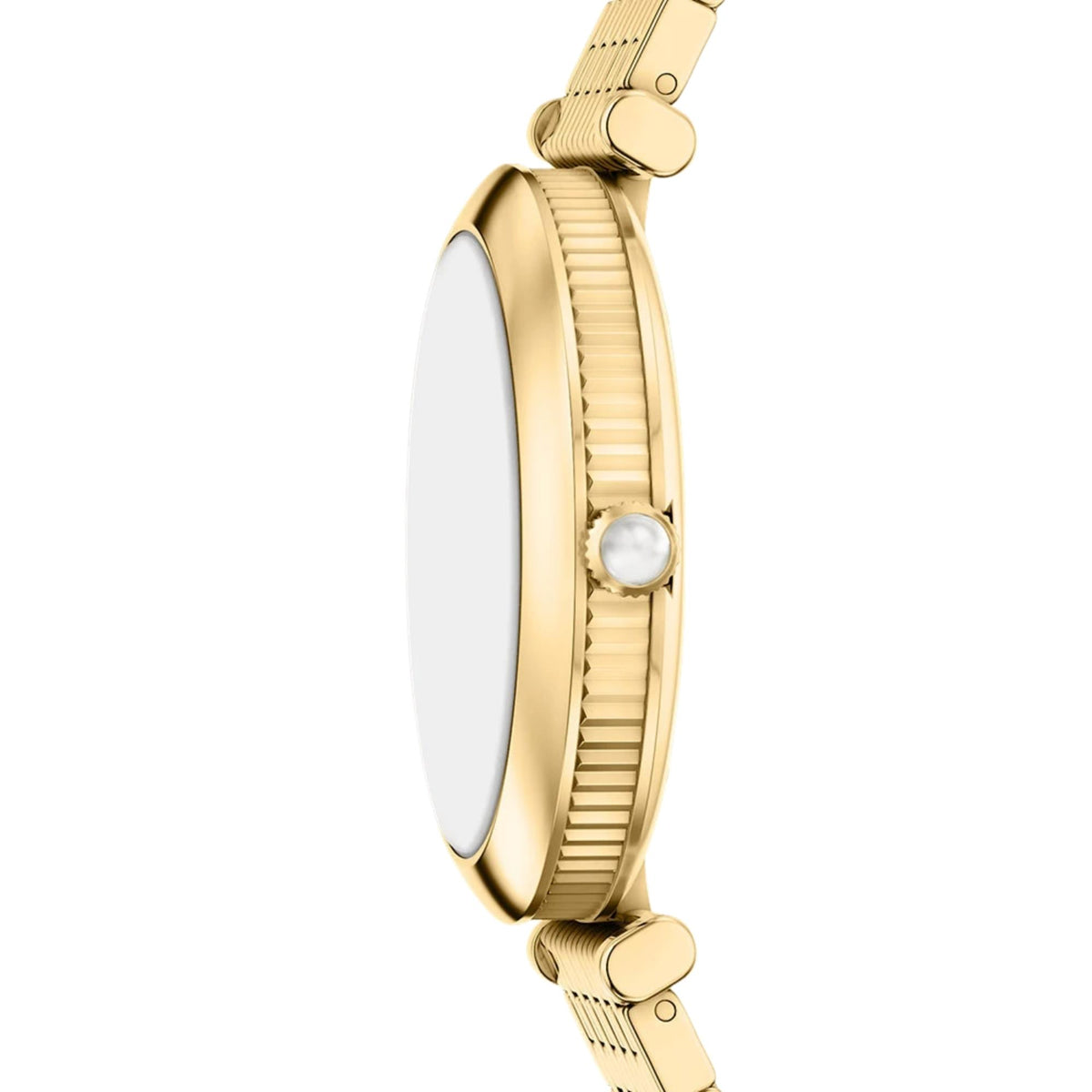 Side profile of the Emporio Armani Archelia AR11809 watch displaying the round gold-tone case, coin-edge bezel detail, and cabochon-set crown