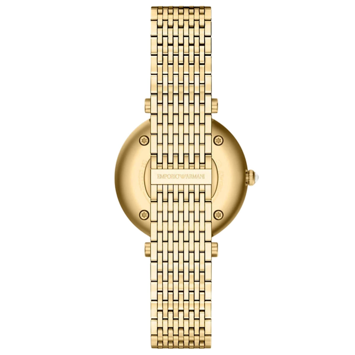 Back view of the Emporio Armani Archelia AR11809 watch showing the gold-tone link bracelet with integrated deployment clasp and eagle logo detail