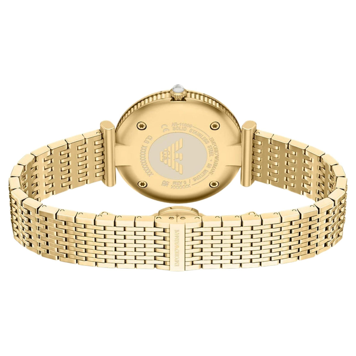 Rear angle of the Emporio Armani Archelia AR11809 watch featuring the engraved gold-tone case back and multi-link bracelet with butterfly clasp