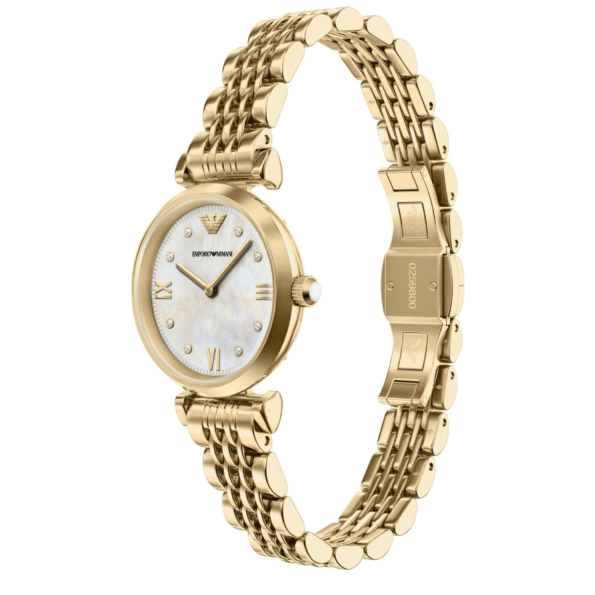 Angled perspective of the Emporio Armani Gianni AR11806 watch showcasing the polished bezel, mother of pearl dial face, deployment clasp, and gold-tone link bracelet