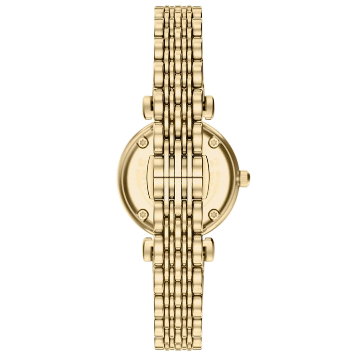 Back view of the Emporio Armani Gianni AR11806 watch displaying the gold-tone link bracelet with integrated clasp mechanism and circular case back